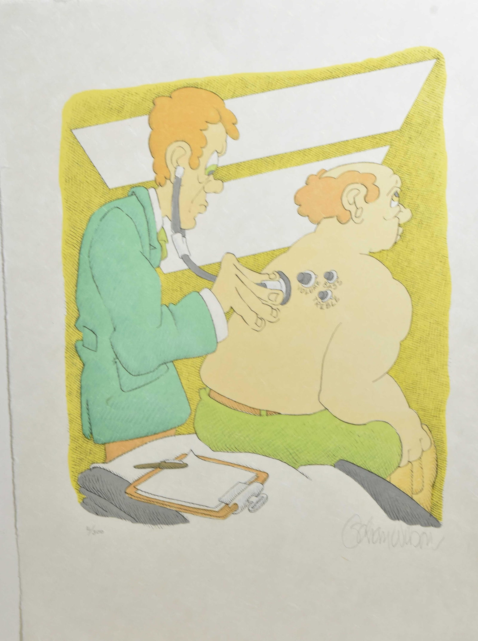 Print "Uneasy Diagnosis" by Gahan Wilson (1930 -): Measures approx. 20 1/2"h x 14 1/2"w. Item is hand signed and hand numbered. Wilson is a listed American artist and cartoonist.