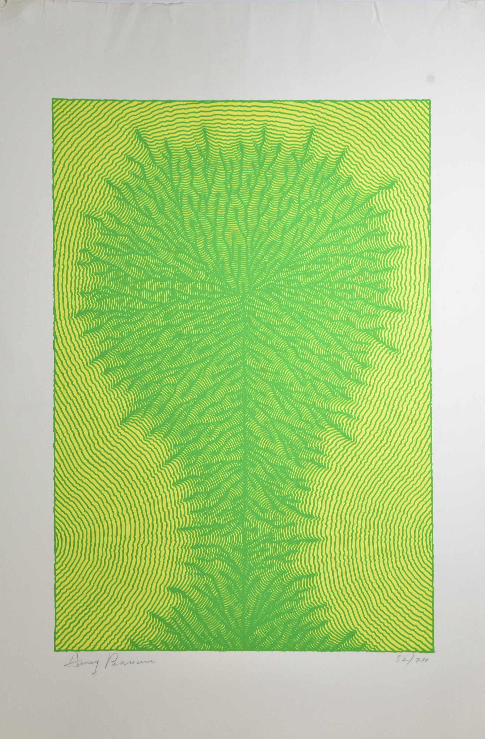 Serigraph by Henry Pearson (1914 - 2006): Measures approx. 39"h x 29 1/2"w. Item is mod optical art of a tree hand signed and numbered. Note: Damage to border top left. Pearson is a listed American artist.