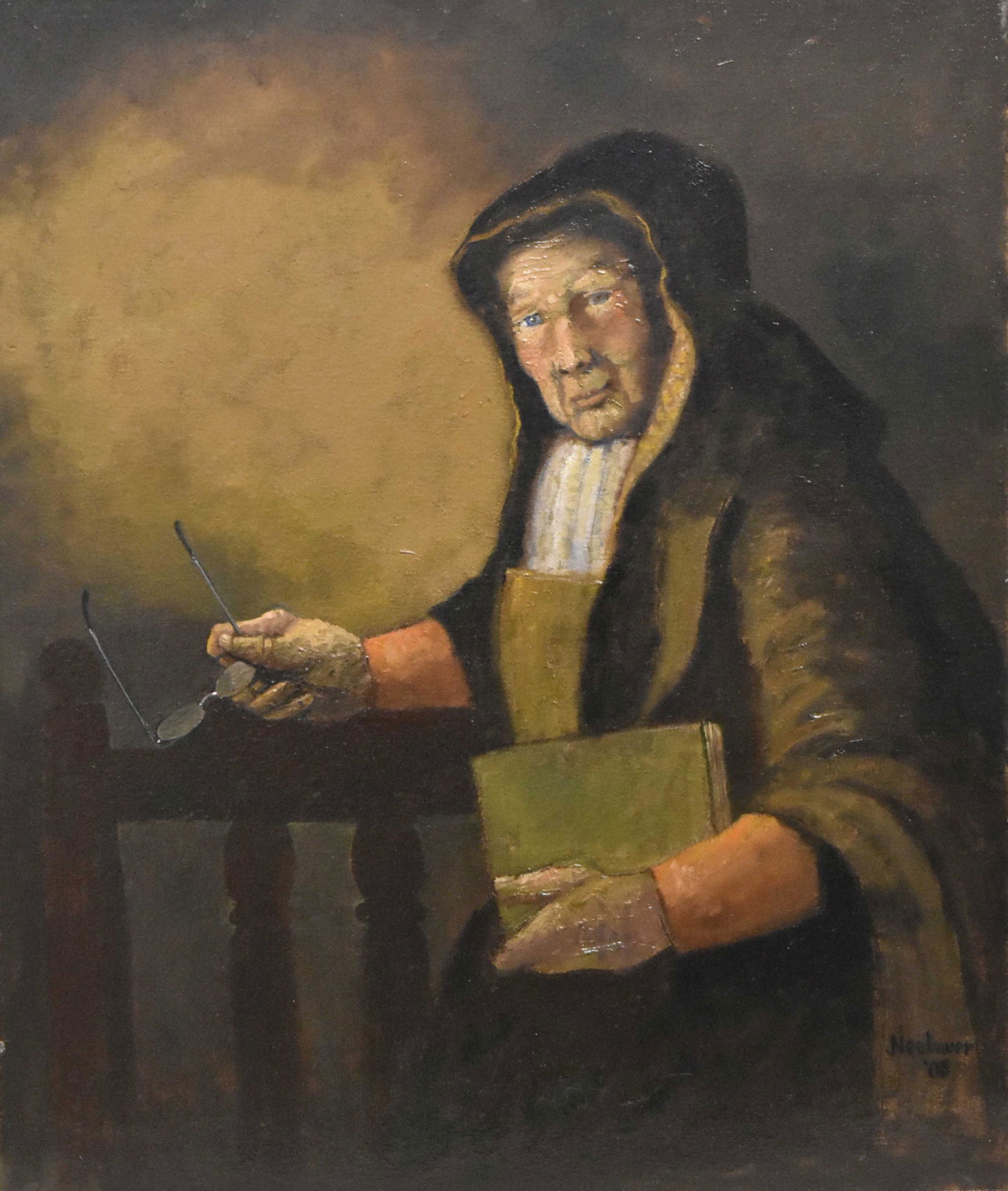 Oil "Old Woman with Spectacles by Neubauer: Measures approx. 24"h x 20"w. It depicts an old woman with a book in one hand and glasses in the other. It is signed lower right and dated 2008. Richard Neubauer is a listed American artist from York,