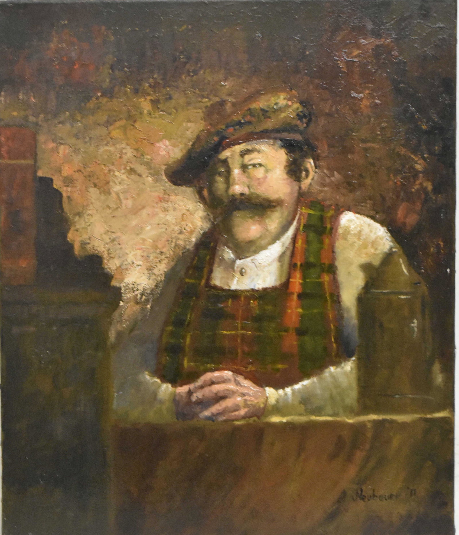 Oil "The Scotsman" by Neubauer (1930 - 2013): Measures approx. 24"h x 20"w. It is an oil on canvas depicting a man wearing a tartan vest. It is signed lower right and dated 2011. Richard Neubauer is a listed American artist from York, Pa.