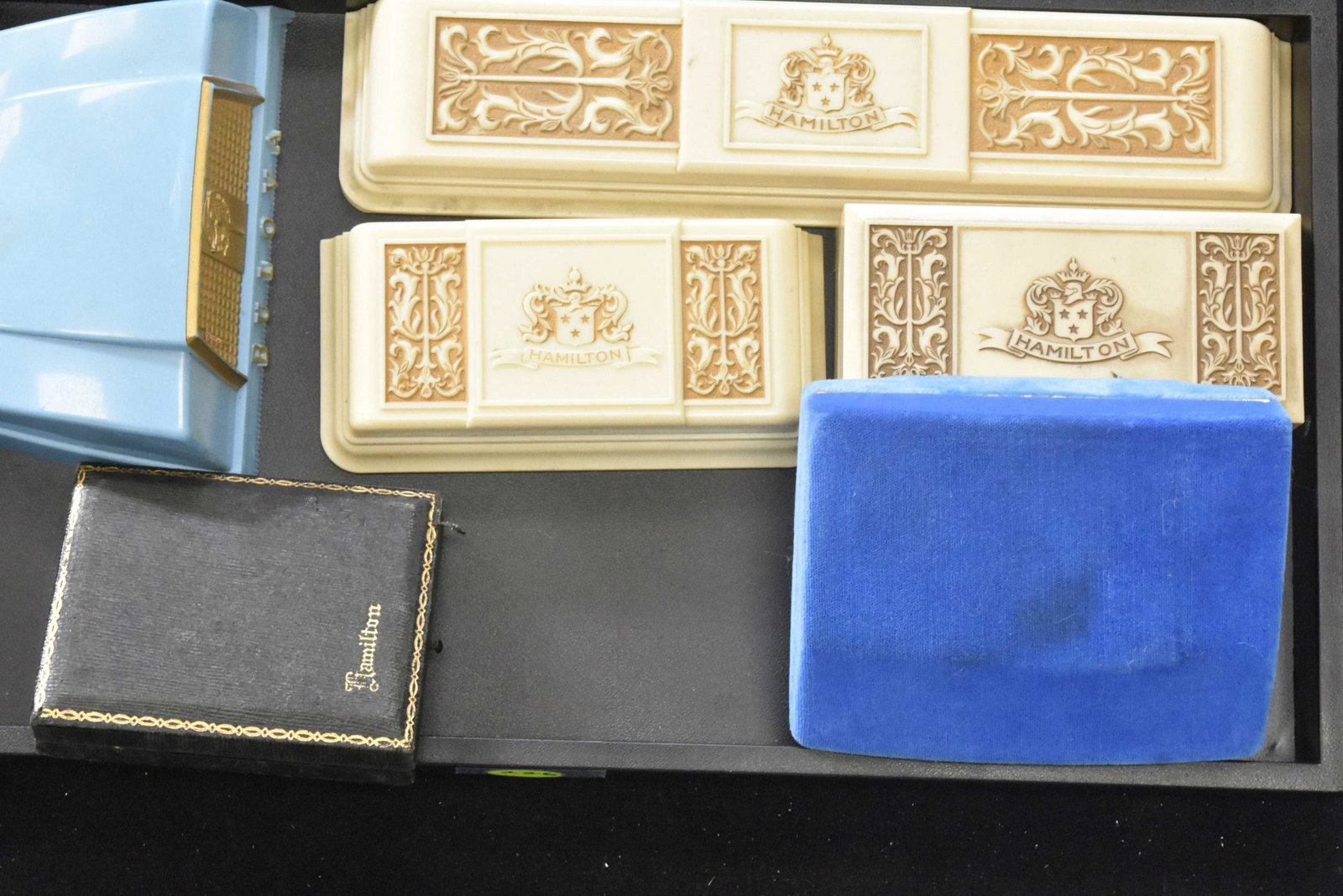 Vintage Watch Boxes: Including four Hamilton and two Bulova. One of the Hamilton's is a 19th century pocket watch box.