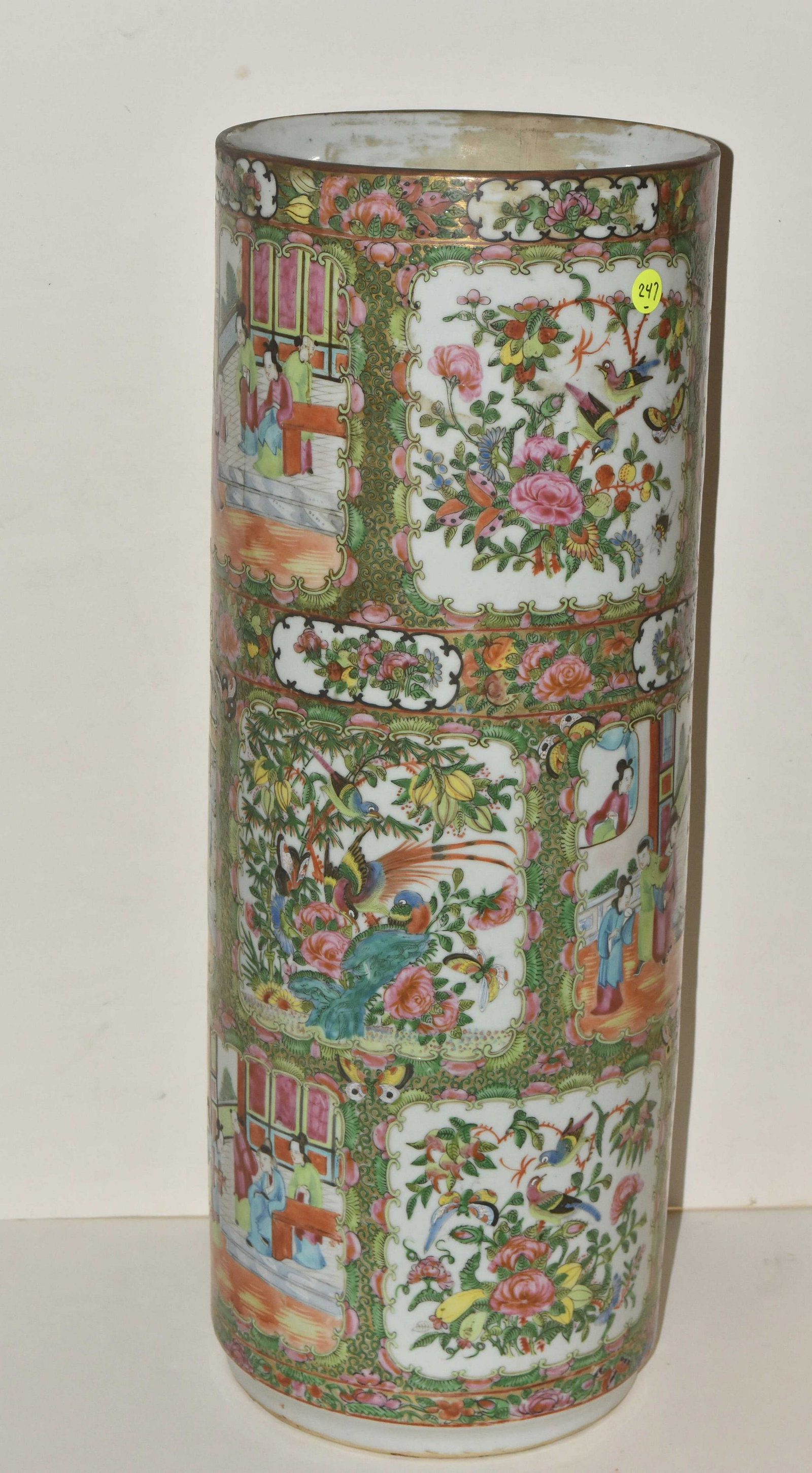 19th Century Rose Medallion Umbrella Stand: Measures approx. 24"h x 9"dia. It is decorated with geishas, birds, flowers and scholars. It has a stabilized hairline crack measuring approx. 10" long, a crow's foot on bottom and no chips.