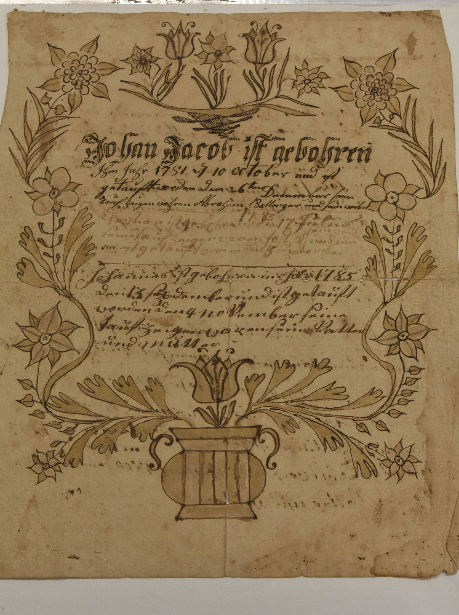 1781 Fraktur of Johan Jacob, York County: Measures approx. 9 1/4"h x 7 1/4"w. It is hand drawn and hand colored record of the birth of Johan Jacob 1781 and has a list of family members on back starting in 1762. Names include Johan Jacob Bolli