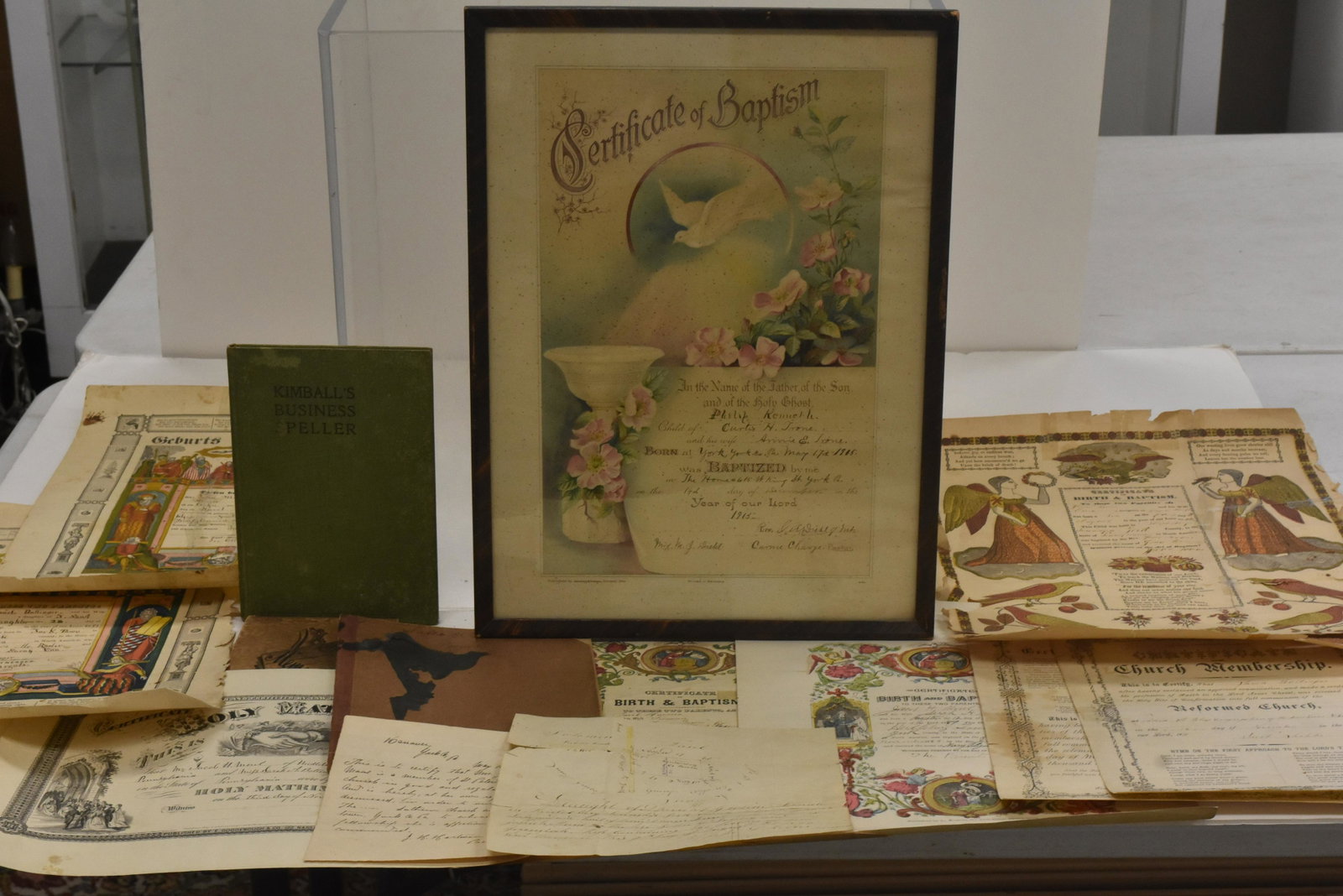 18th & 19th Century Fraktur Collection: Including three mid 19th century remnant frakturs printed in Harrisburg (all three are hand colored), three late 19th century church certificates, two printed and hand colored birth certificates one -