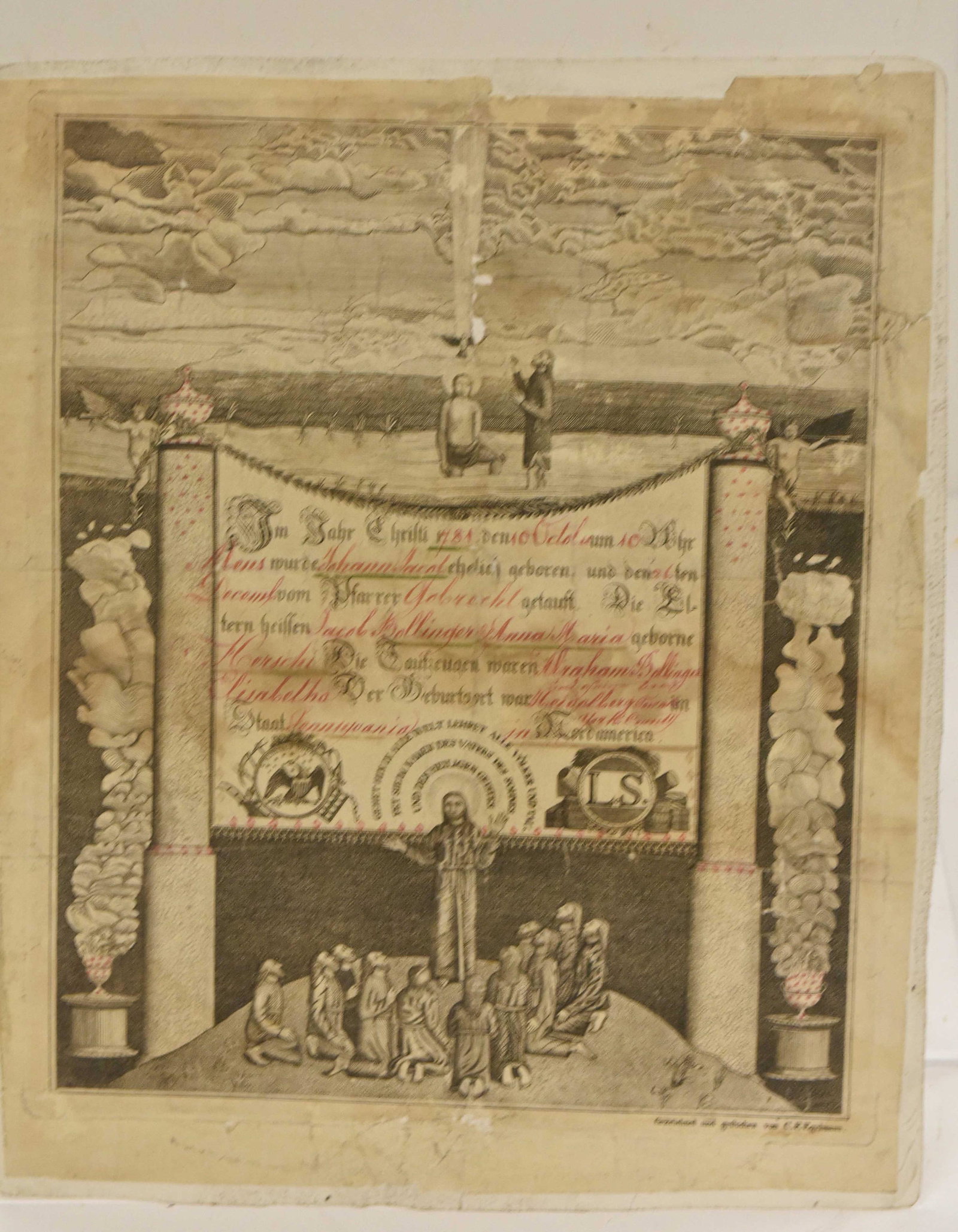 Printed Baptismal 1781: Measures approx. 12 1/2"h x 10"w. Item is dated October 10, 1781. Names include Jacob Bollinger,Anna Marie Herschi, Abraham Bollinger and others. Family was from Heidelberg Township York County, Pa. H
