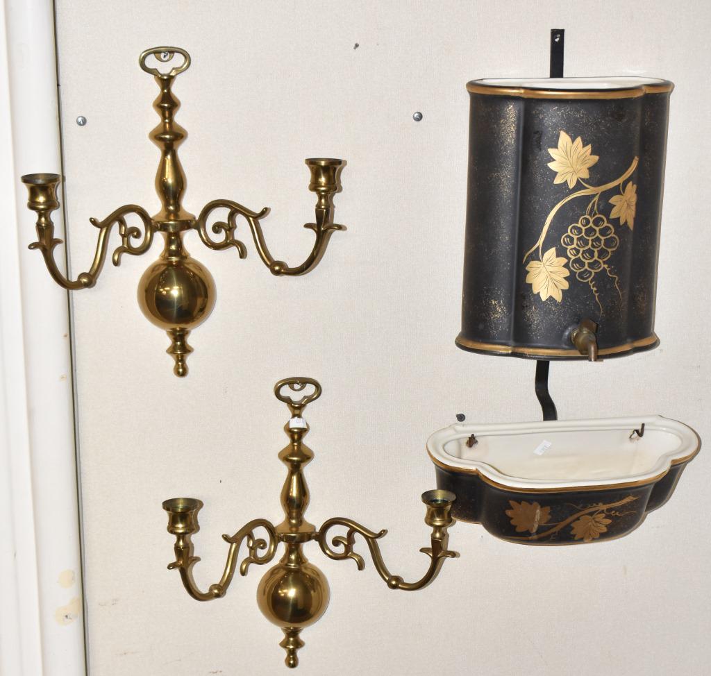 Brass Wall Sconces and a Water Caddy: A pair of brass wall sconces measuring approx. 12"h each and a decorative hand painted water caddy.
