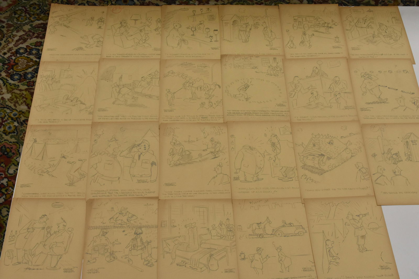 20 WWII "Funny Business" Cartoons by Hershberger: Twenty pieces of WWII era original art from "The Funny Business" cartoon series by Ralph Hershberger. Each measures approx. 11"h x 8 1/2"w. Many are military cartoons and many are hand signed.