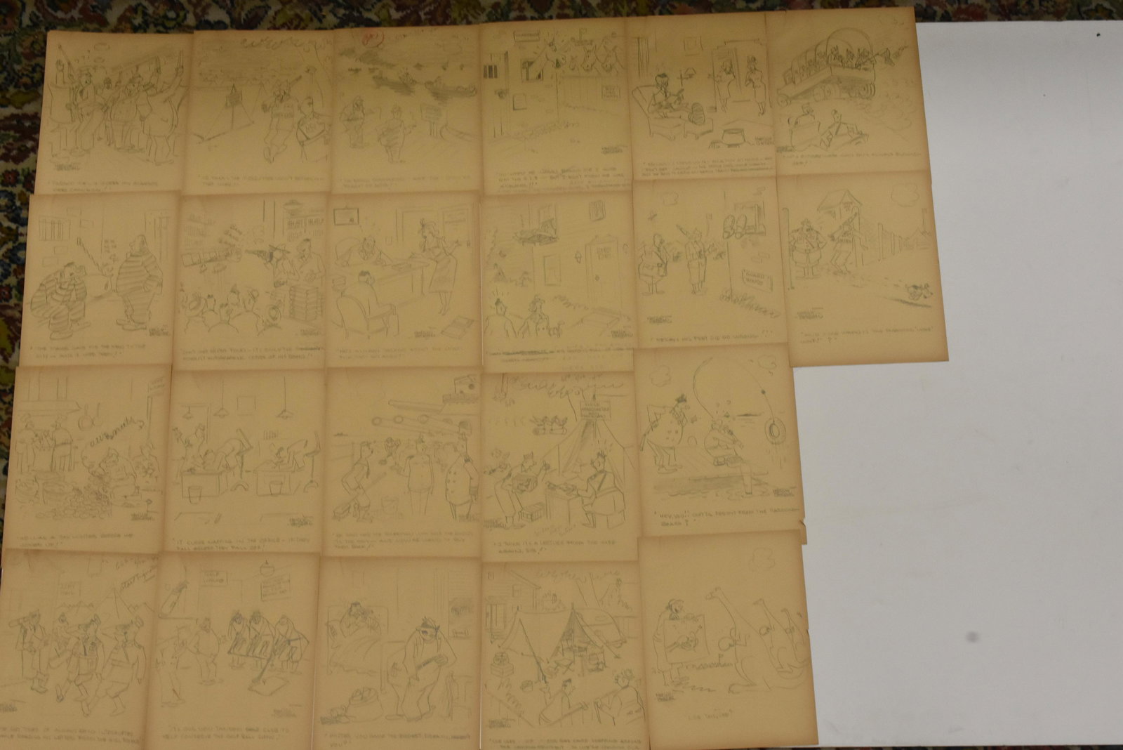 20 WWII "Funny Business" Cartoons by Hershberger: Twenty pieces of WWII era original art from "The Funny Business" cartoon series by Ralph Hershberger. Each measures approx. 11"h x 8 1/2"w. Many are military cartoons and many are hand signed.