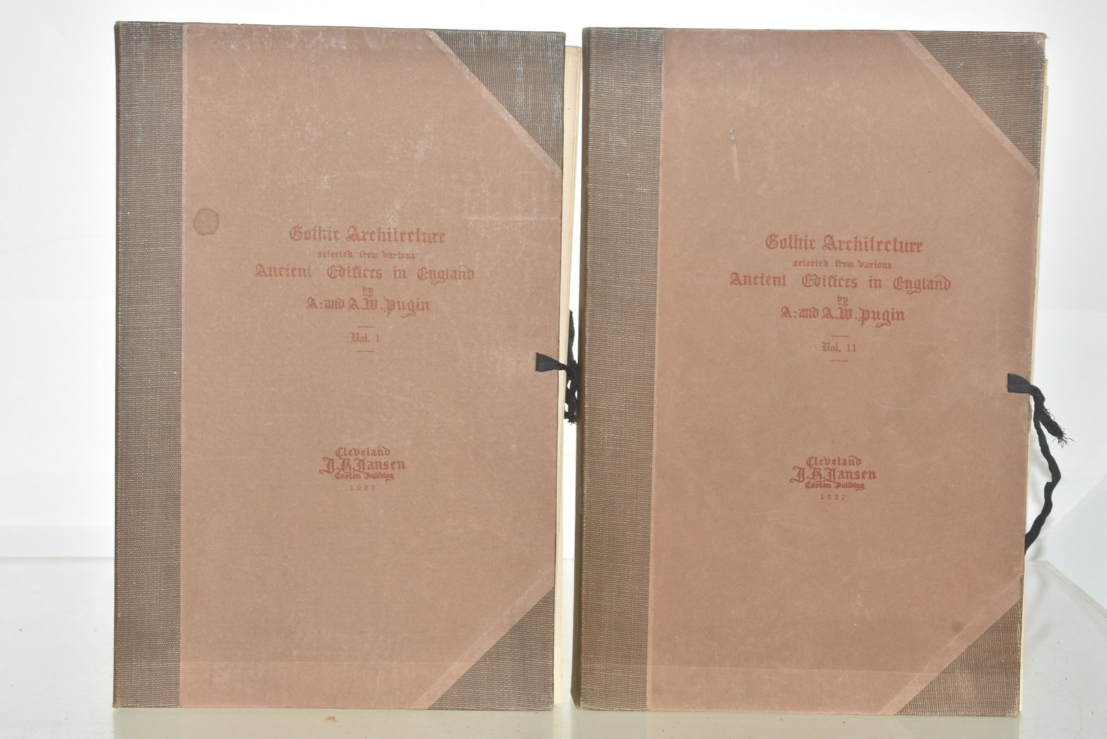 "Gothic Architecture" by AW Pugin 1927 Book: Item is a five volume set in two portfolios titled "Gothic Architecture". Text is selected from various ancient editions in England. There are 377 architectural plates.