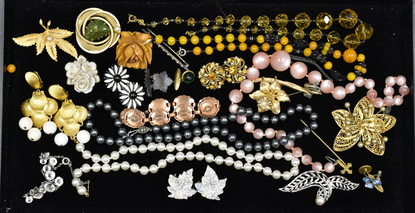 Vintage Jewelry Grouping: includes rhinestones, Bakelite, glass, earrings and more. Note: Bakelite necklace needs clasp repair.
