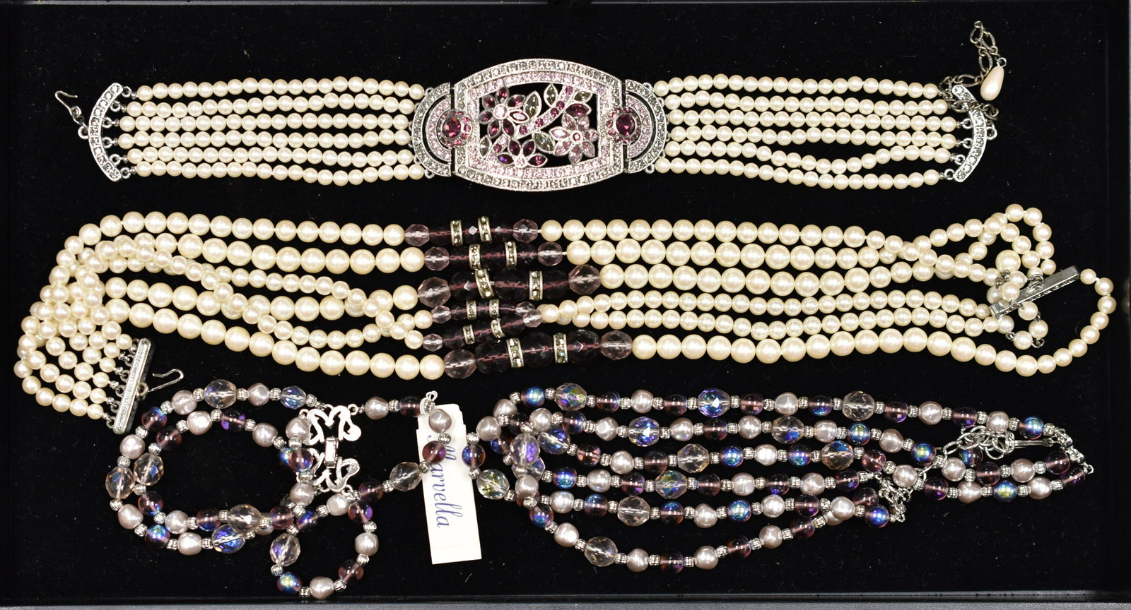 Marvella Faux Pearl and Glass Bead Grouping: including a Marvella necklace and matching bracelet with colorful stones, faux pearl necklace with amethyst stones and rhinestone closure, and a choker with faux pearls and pink and clear rhinestones.