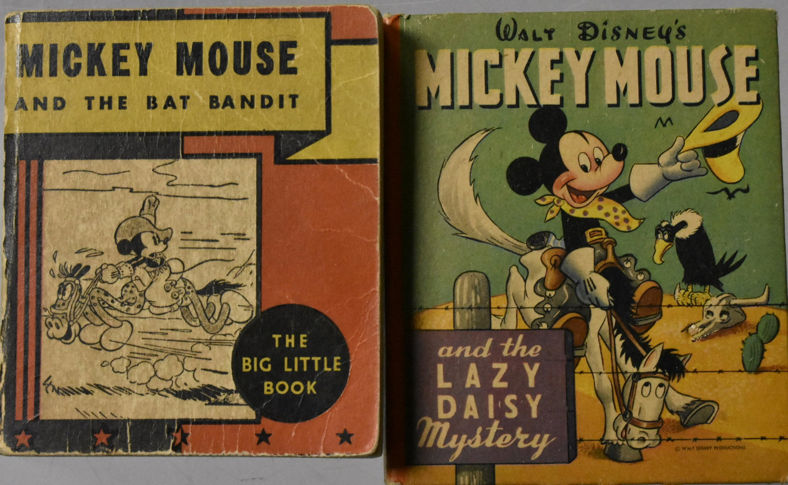 2 Mickey Mouse Western Big Little Books: Including Mickey Mouse and the Bat Bandit Premium No# 1935 and Mickey Mouse and the Lazy Daisy Mystery #1433 1947. Books vary from Fine to NM.