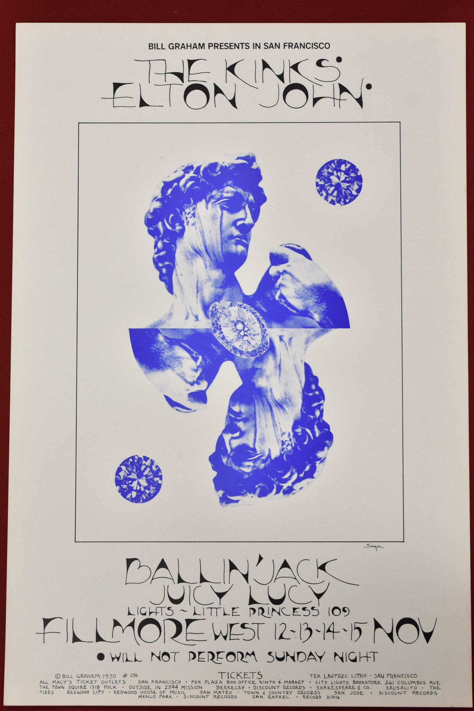 1970 Bill Graham Presents Concert Poster #256: The Kinks, Elton John, Ballin' Jack, Juicy Lucy, at the Fillmore West November 1970. Artwork by Singer. Printed by Tea Lautrec. Copyright Bill Graham #256. Approx 14" x 21"