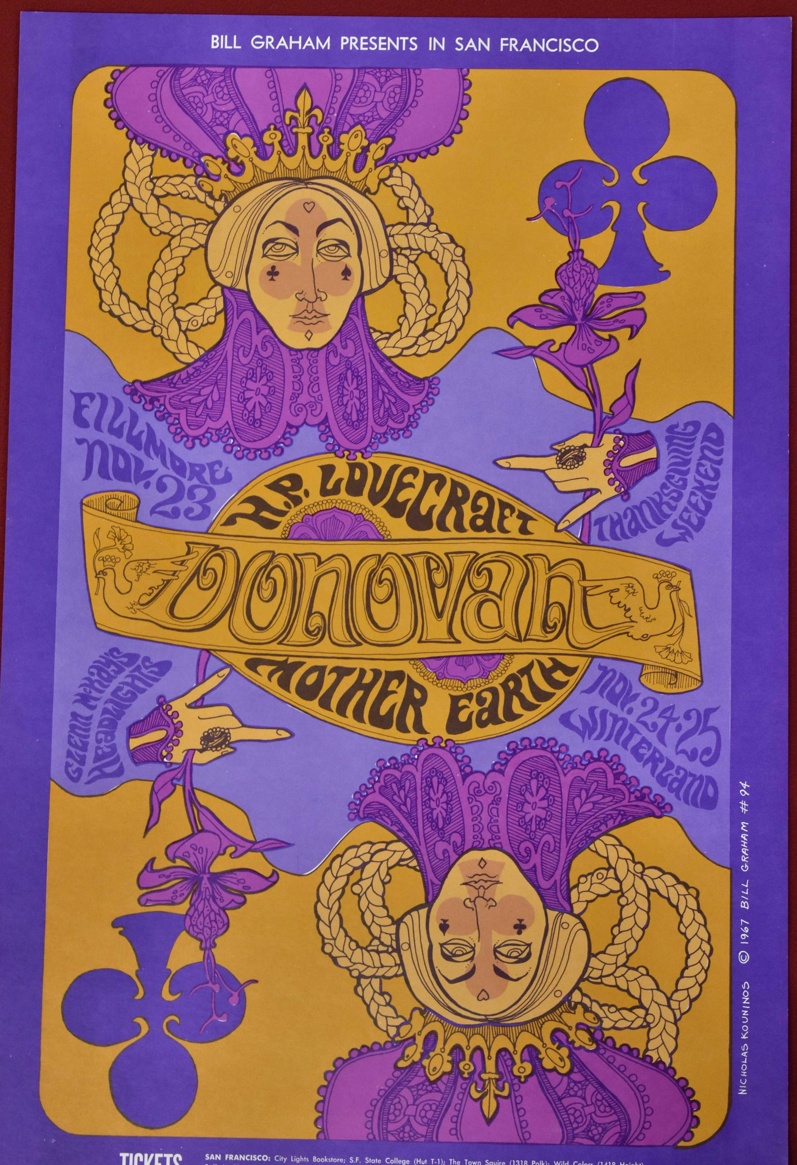 1967 Bill Graham Presents Concert Poster #94: Donovan, HP Lovecraft, Mother Earth. Thanksgiving Weekend 1967 at the Fillmore. Artwork Nicholas Kouninos, copyright 1967 Bill Graham #94. Approx 14" x 21". Colors: Purple, fuschia and orange.