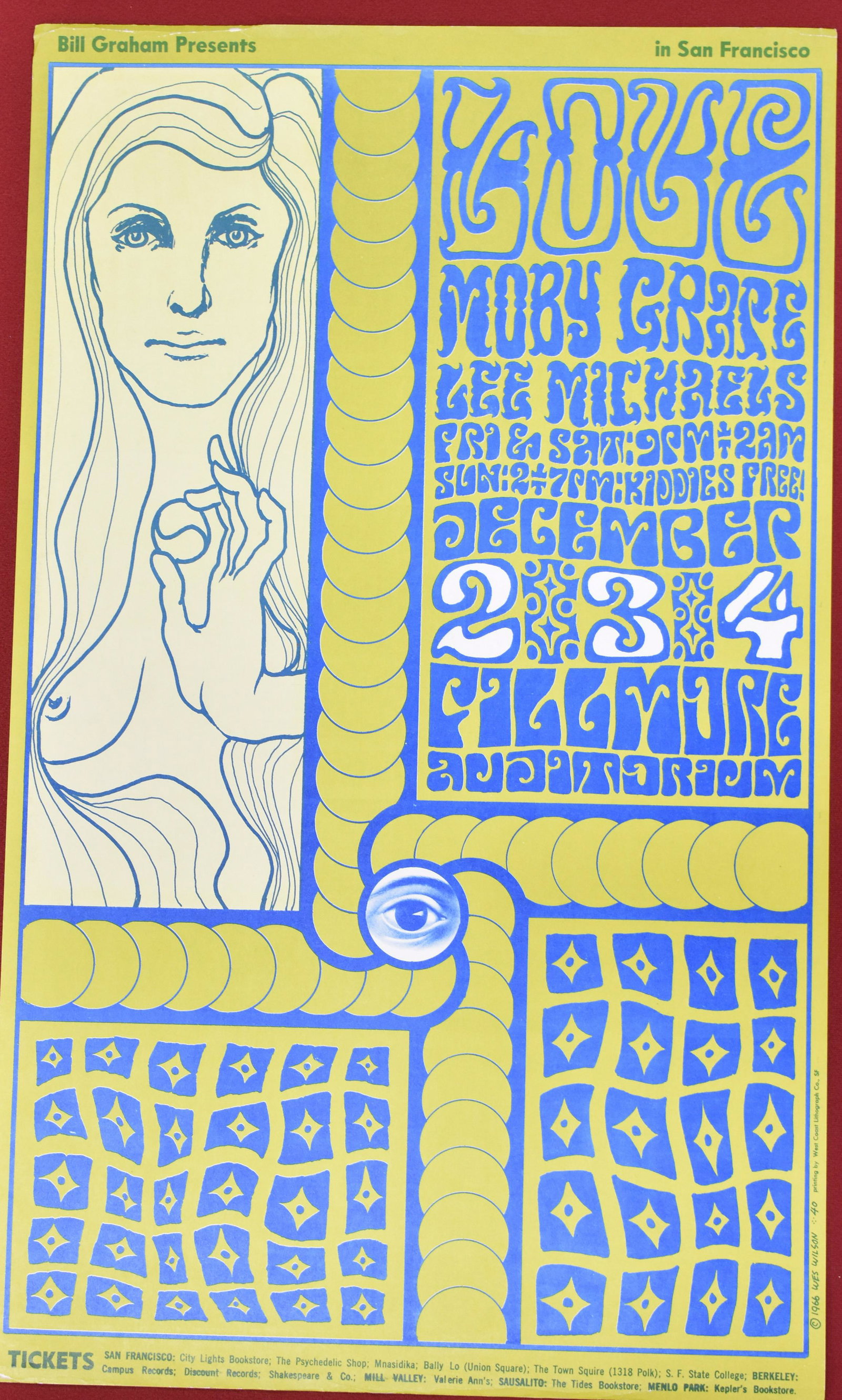 1966 Bill Graham Presents Concert Poster #40: Love, Moby Grape, and Lee Michaels, December 2-4 at Fillmore Auditorium. Kiddies Free! Printing by West Coast Lithograph Co., SF. Copyright 1966 Wes Wilson #40. Approx 14" x 23". Colors Charteuse and