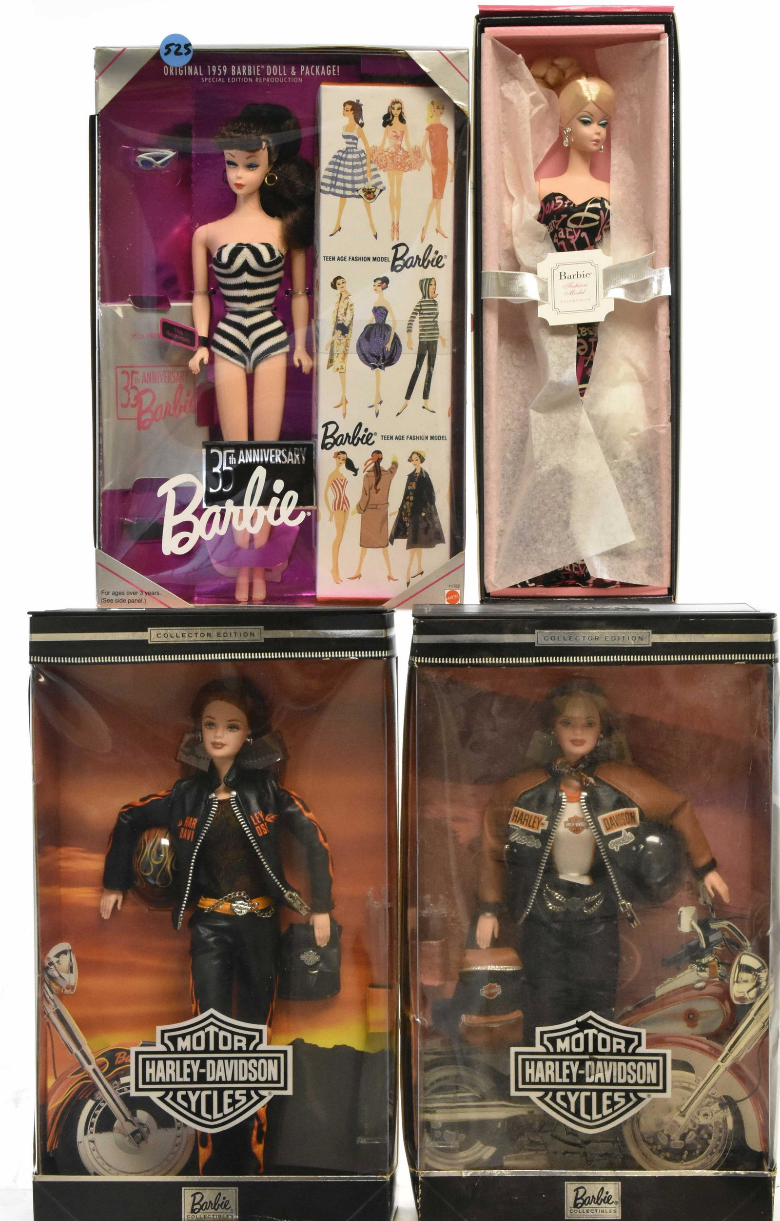 2 Harley Davidson and 2 Anniversary Barbies: Includes Harley #25637 (some punctures in front plastic) and #29207. Anniveraries include 35th with special edition reproduction 1959 Barbie and box #11782 and 45th with genuine silk stone body #B8955