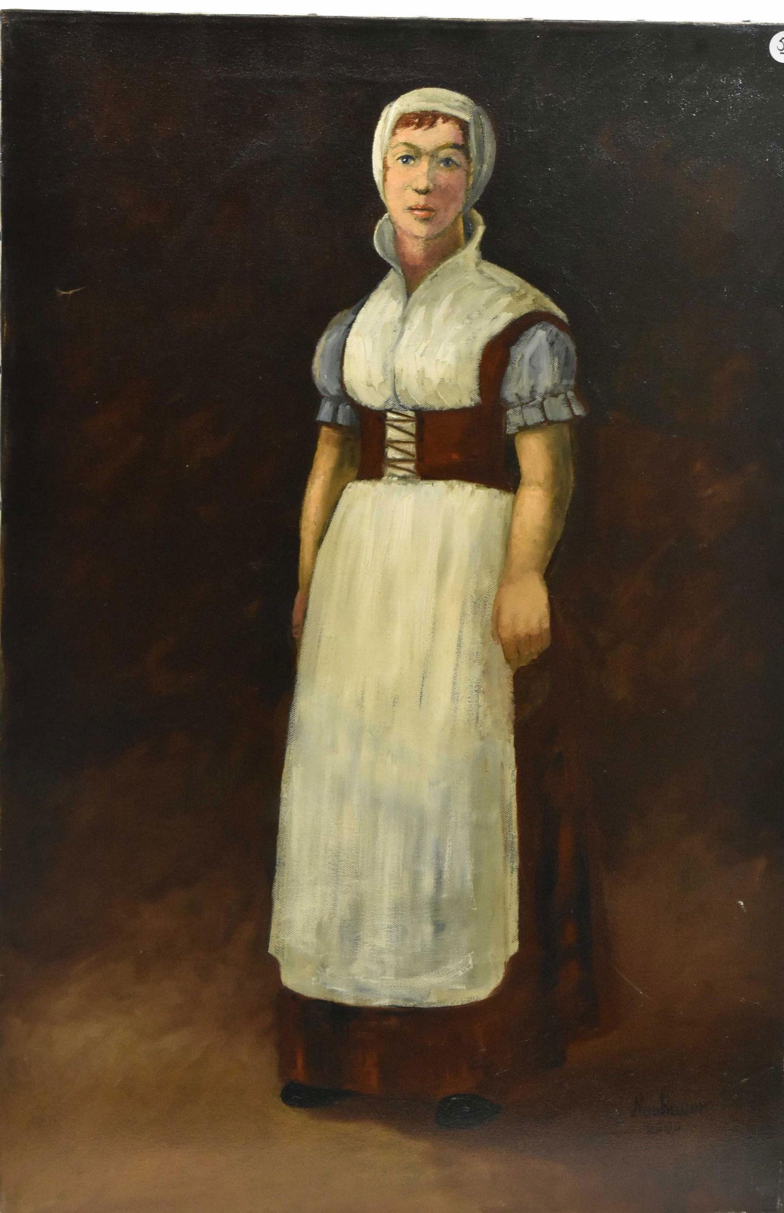Oil on Canvas "The Little Maid" by Neubauer: Measures approx. 30"h x 20"w. It depicts a young maid and is signed "Neubauer" lower right. Richard Neubauer is a listed American artist. (1930 -2013)