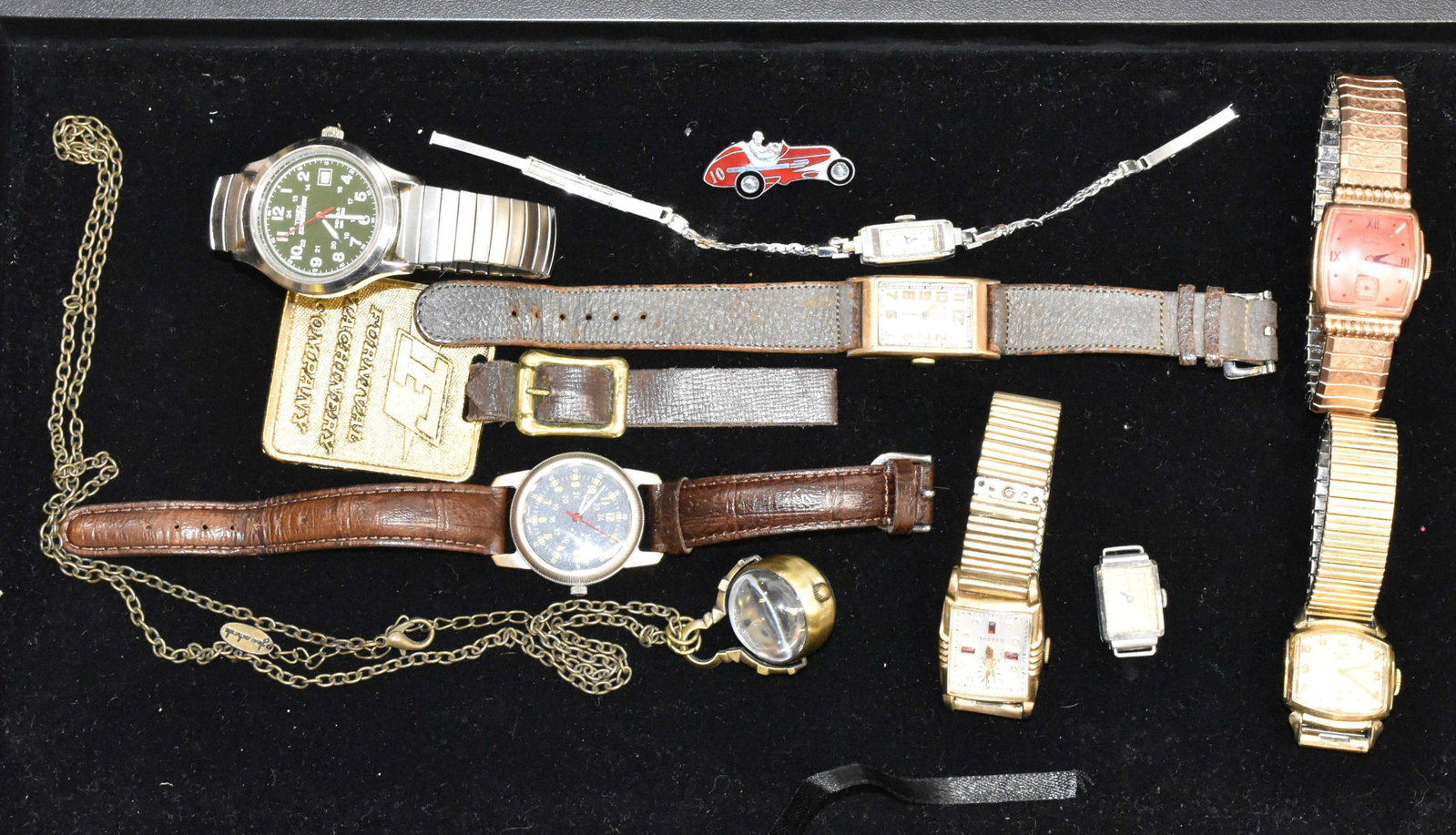 Grouping of Vintage Watches: Including a man's vintage Waltham, a man's "Sherco" 17 jewel, a man's Elgin deluxe, a vintage lady's Bulova and others.