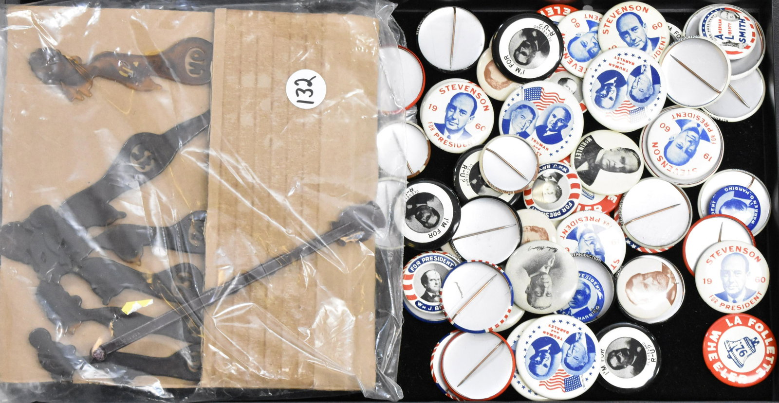Political Pin Backs and other Jewelry: Over thirty political pin backs including Truman and Barkley, Adlai Stevenson, Warren Harding and others (repros). Lot also includes a set of original black Americana swizzle sticks, Zulu Lulu.