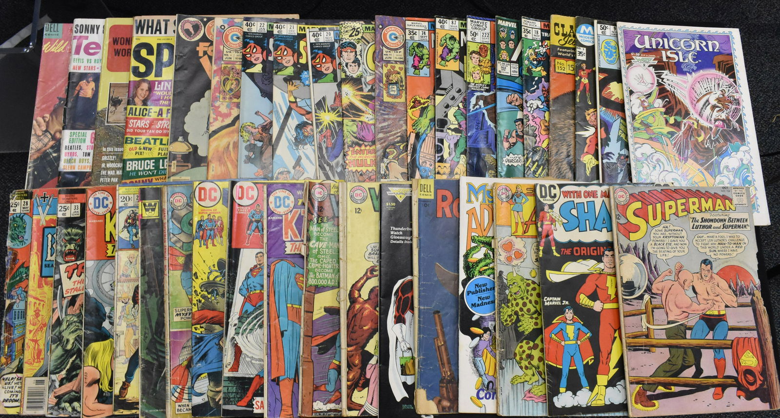 Vintage Super Hero and other Comics: Including Shazam 20 cent, Roy Rodgers 10 cent, three World's Finest Superman 12 cent, Fantastic Four 50 cent and various others.