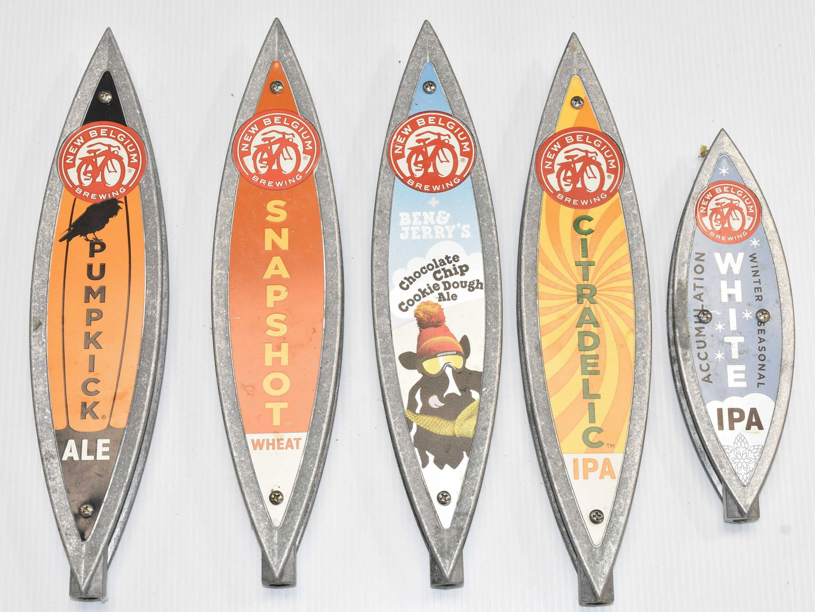 "New Belgium Brewing" Beer Taps: Five various "New Belgium" beer taps.