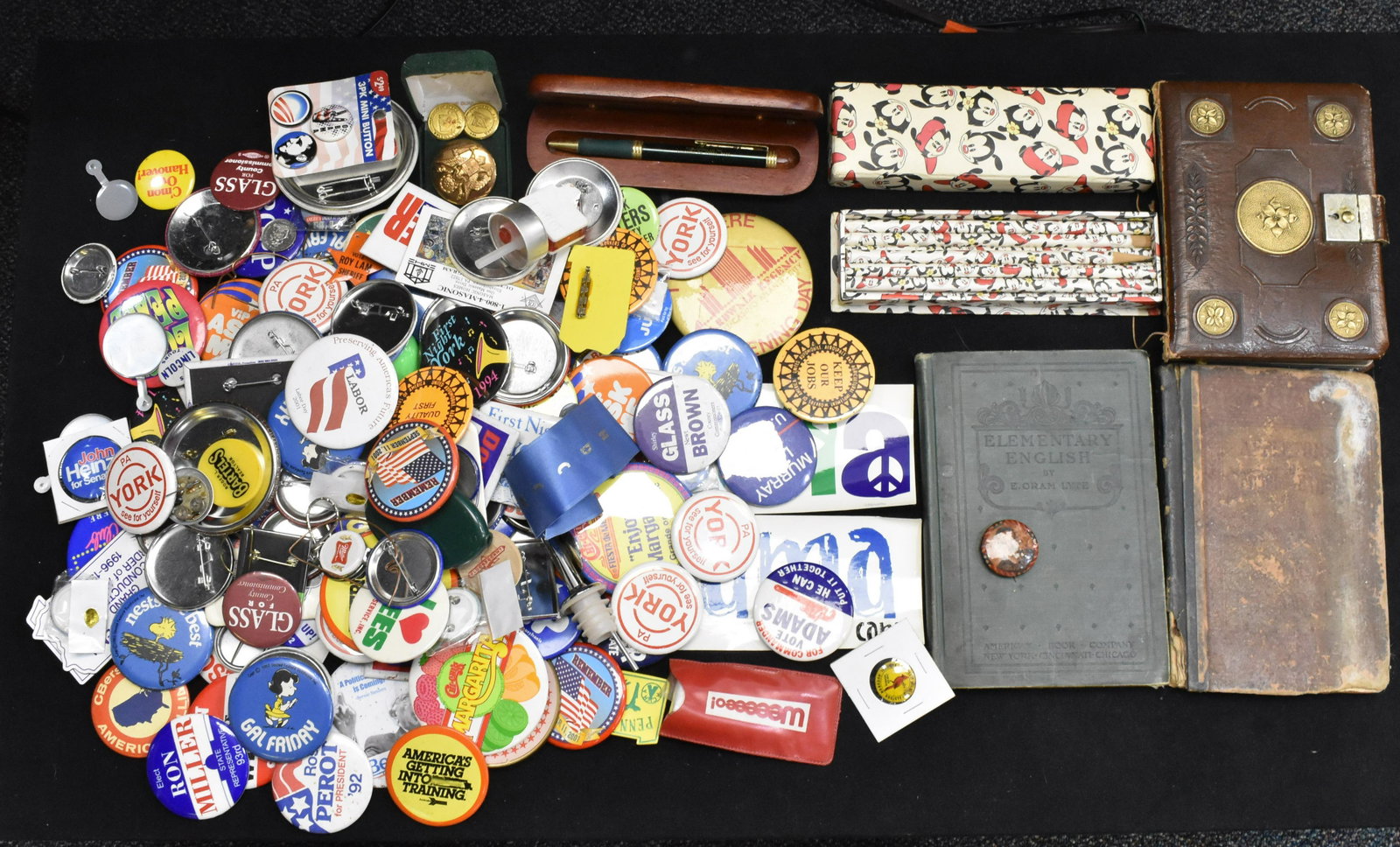 Pin Backs and Mixed Items-Two Trays: Large selection of political pin backs, three military buttons, a box of Mickey Mouse pencils and other items.