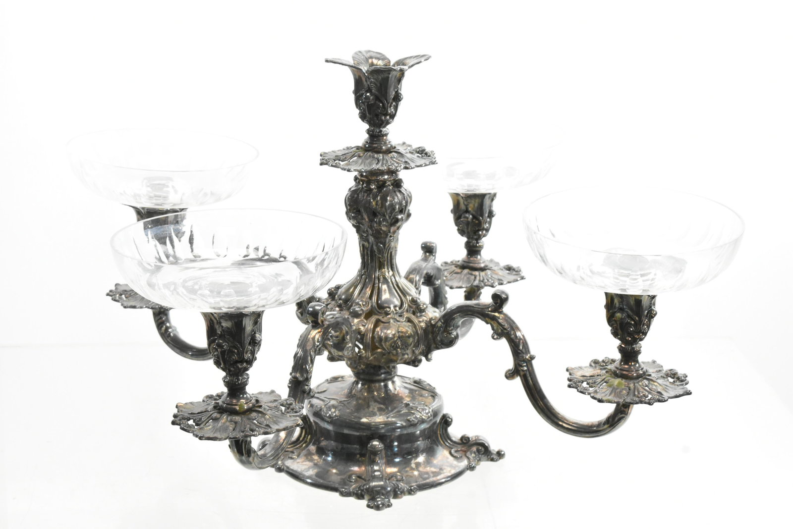 Large Centerpiece Epergne Candelabra: Measures approx. 14 1/2"h. It is a silver plated epergne candelabra with four crystal bobeches.