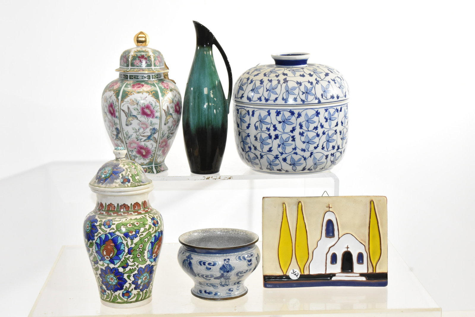 Asian and other Ceramics (6): Including a large covered rice bowl with blue decoration measuring approx. 9"h, an Asian waste bowl with a four character signature on the bottom, an Israeli tile and a German spill vase.