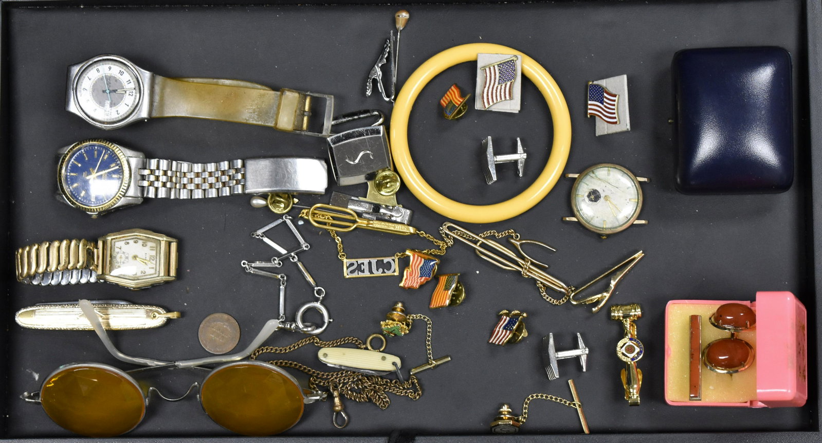 Mixed Watches and Jewelry: Elgin, Swatch and other watches, vintage cufflinks, a pair of 1960's faceted sunglasses and various costume jewelry.