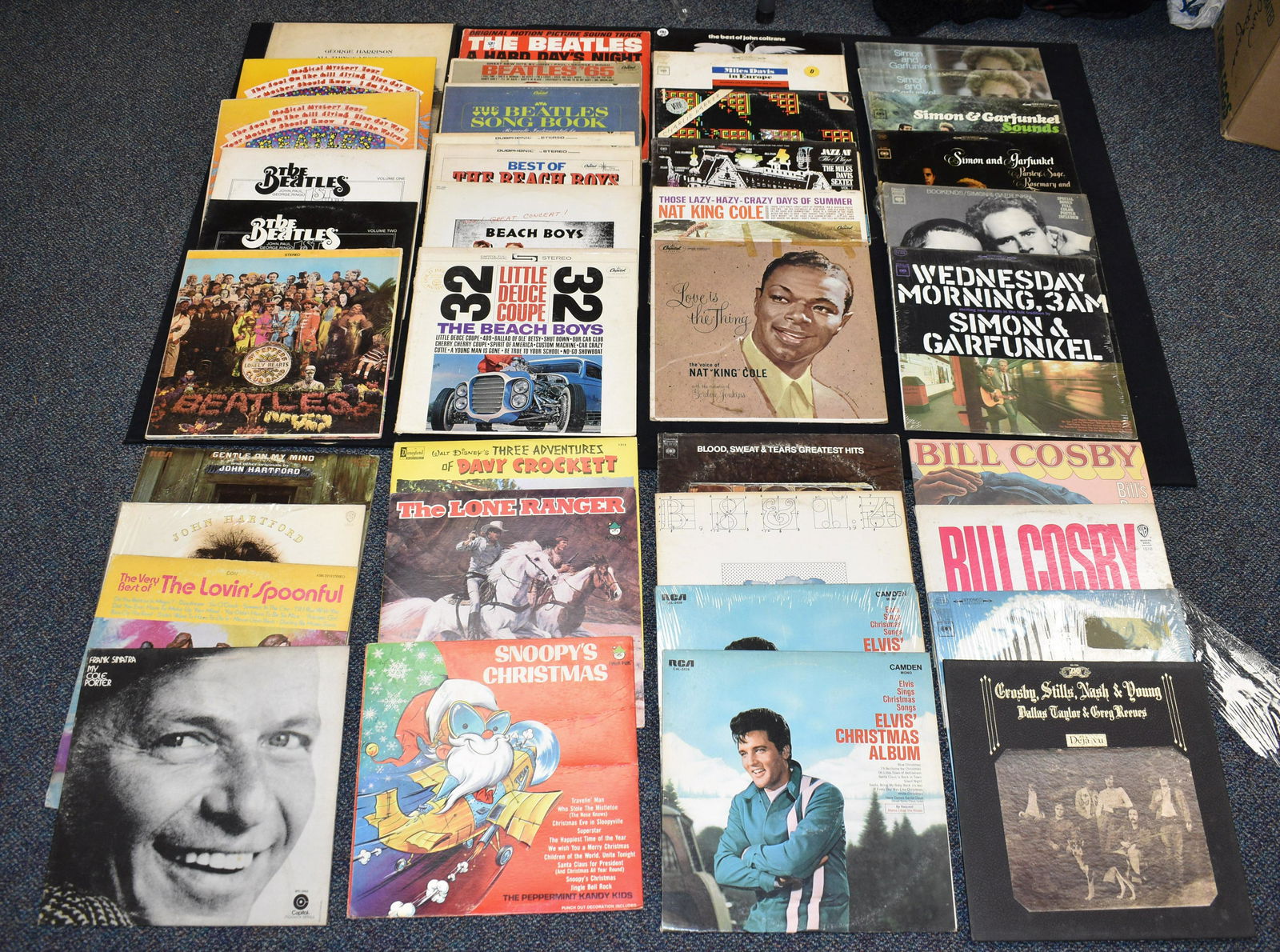 Vintage 33 rpm Records: Includes Beatles "Magical Mystery Tour", "A Hard Days Night", "The Beatles First Live Recordings" Vol I & II and George Harrison "All Things Must Pass". Also Miles Davis, Nat King Cole and others.