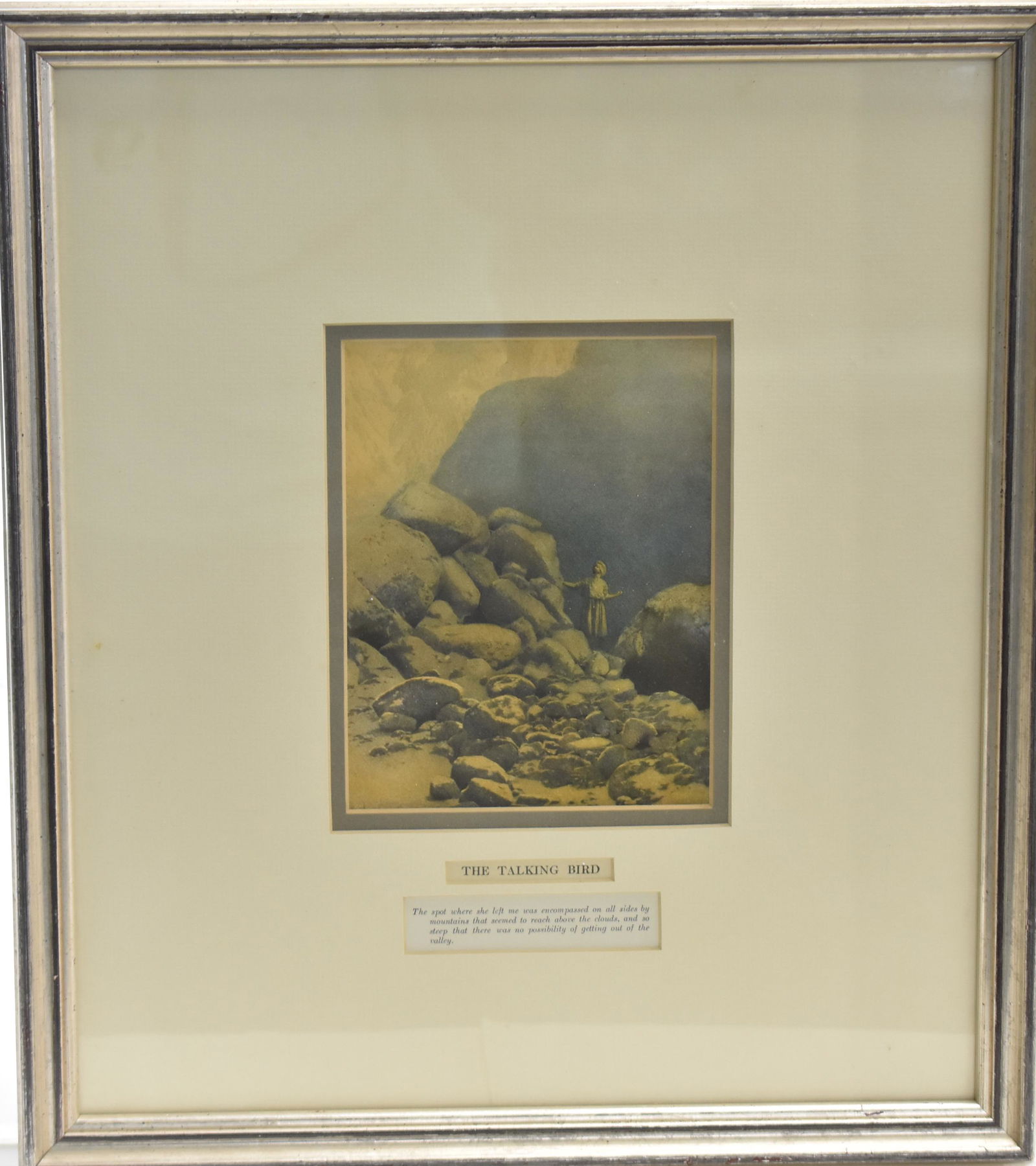 Maxfield Parrish "The Talking Bird" Print: Exposed area measures approx. 6 1/2" x 5"w. It is titled "The Talking Bird" and is professionally framed and matted. Item is unsigned.