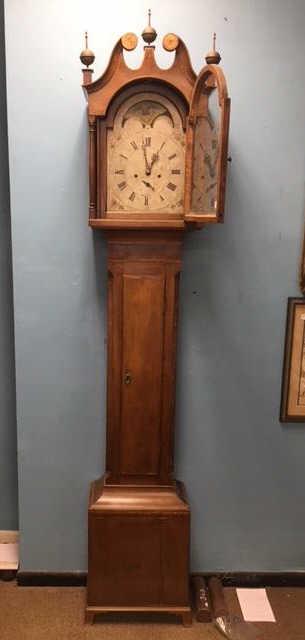 Richard Chester Tall Case Clock c1800 York, Pa: Measures approx. 100"h. It has an ornately inlaid cherry case, three brass finials, a maple inlaid broken arch pediment and a sun and moon dial with eagle and shield. Dial has some touch ups. It has a