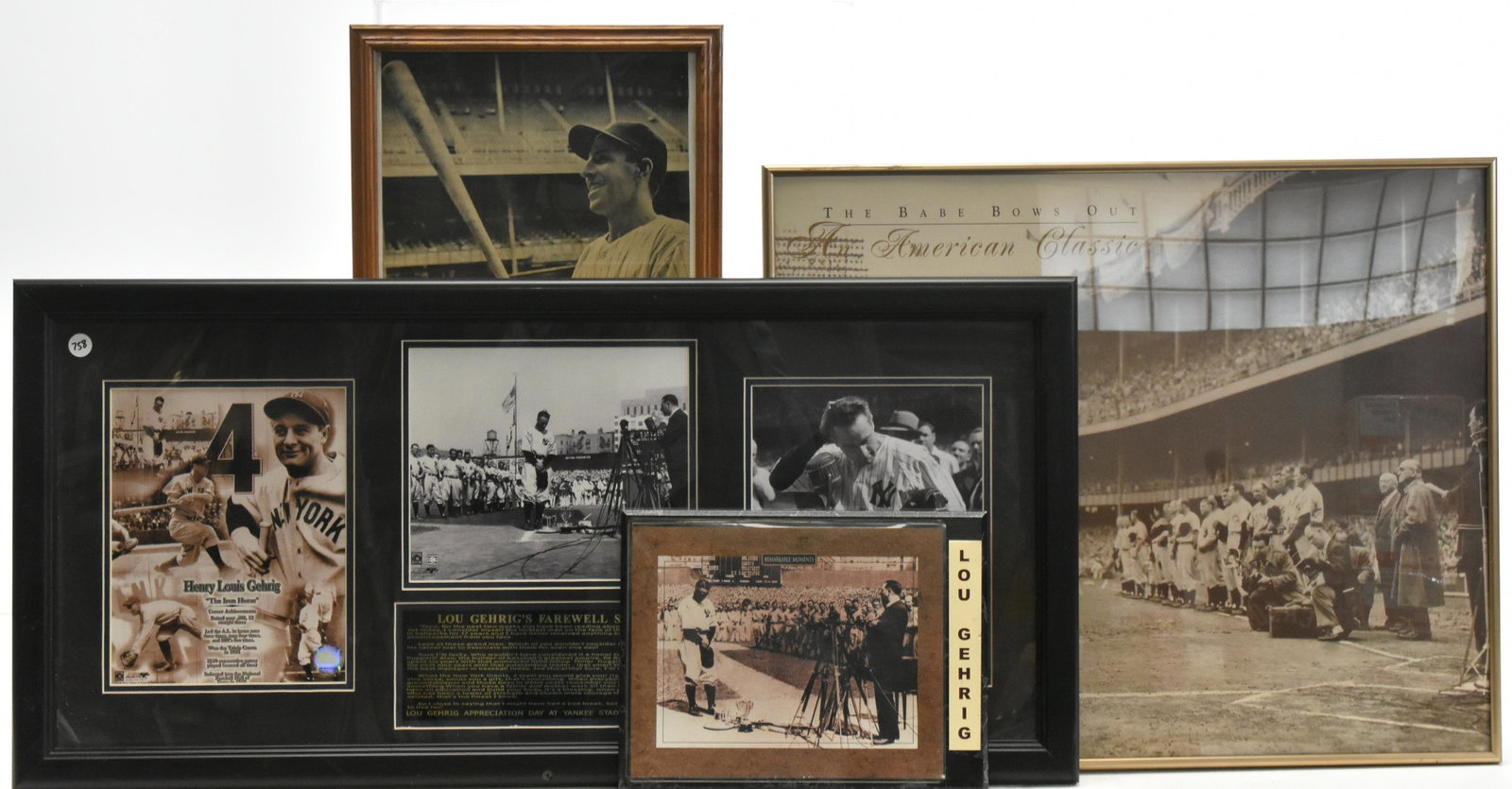 Baseball Memorabilia - Lou Gehrig, the Babe: Four framed Yankees pictures including a Lou Gehrig farewell speech plaque (approx 34" x 16"), a second plaque with a pic of Lou Gehrig, a Babe (Ruth) Bows Out picture, and a Phil Rizzuto early advert