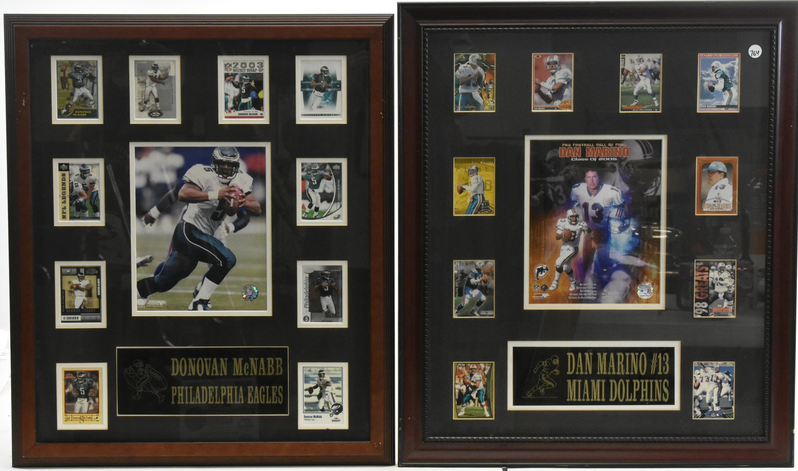 Football Player Plaques-Marino and McNabb: Dan Marino (Miami Dolphins) and Donovan McNabb (Philadelphia Eagles) sports plaque with 10 sports cards, framed. Approx 27" x 23"