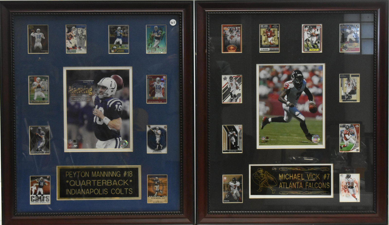 Football Player Plaques-Manning and Vick: Peyton Manning (Colts) and Michael Vick (Atlanta Falcons) each plaque has 10 sports cards. Approx 27" x 23".
