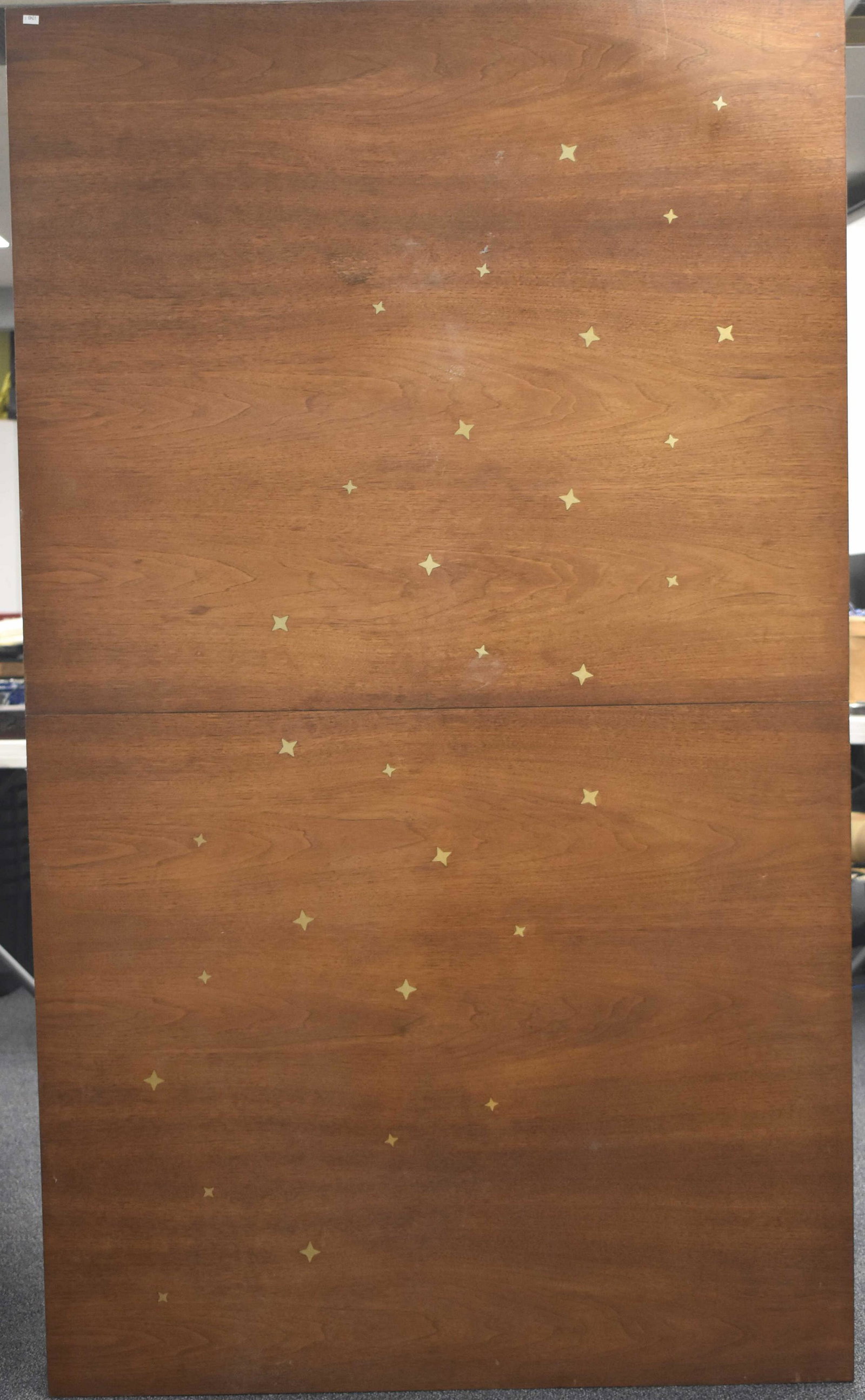 Robsjohn-Gibbings / Widdicomb Constellation DiningTable: Designed by T.H. Robjohn-Gibbings for Widdicomb Furniture Company, Grand Rapids, Michigan. It is uniquely decorated with inlaid brass stars forming a constellation. It is a walnut and brass dining tab