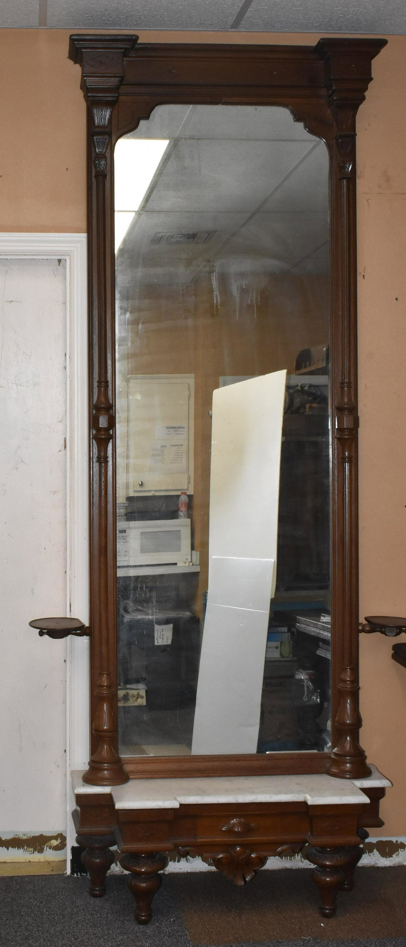 19th C. Victorian Pier Mirror and Marble Top Base: Measuring 106" high x 49" wide x 17" deep. Candle platforms have been refastened with contemporary screws. Table base has a white marble top. Purchased from Unique Boutique in York, PA.