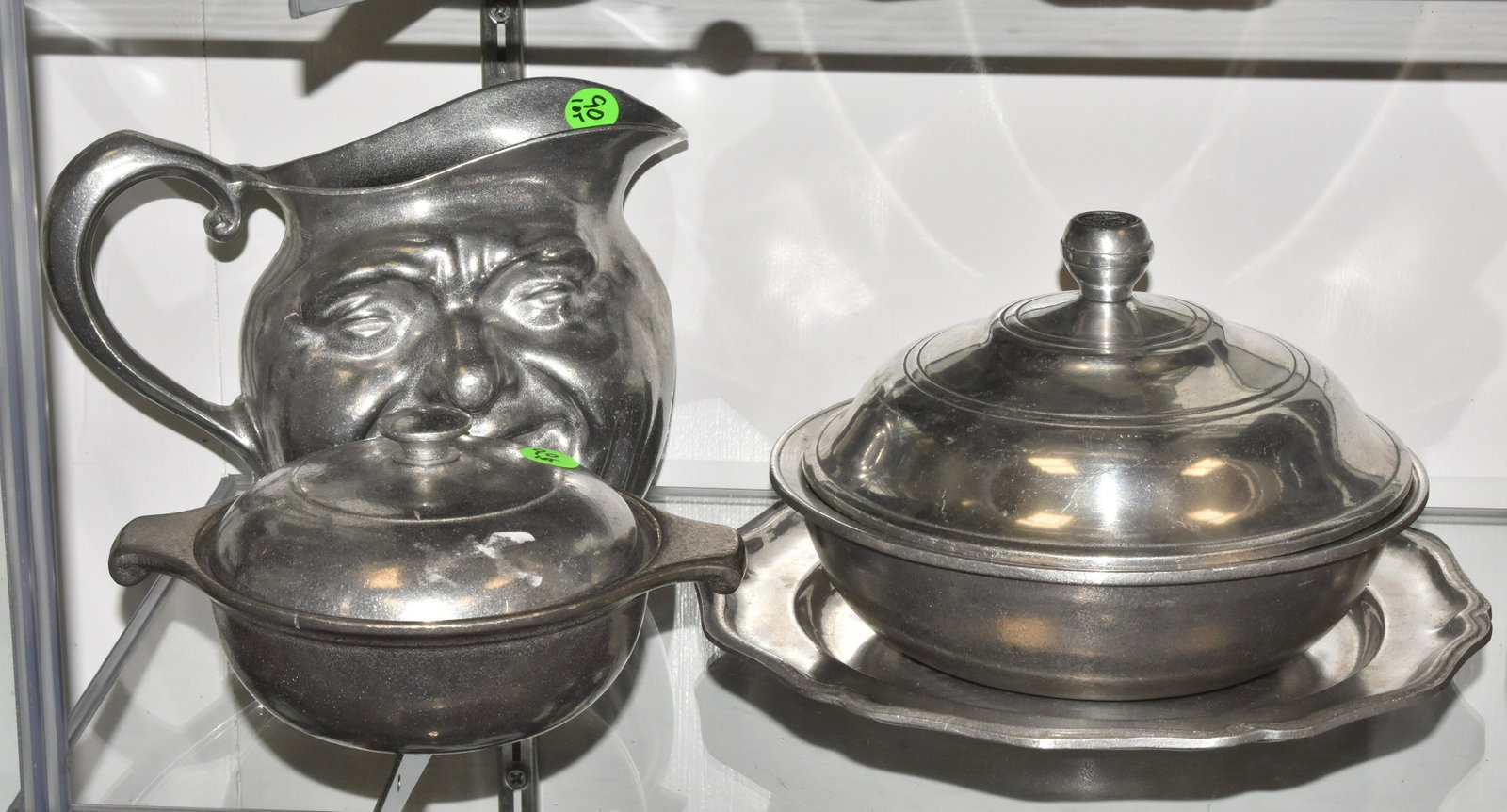 Mixed Pewter Grouping incl Wilton Armetale: Including a face jug water pitcher, two Wilton covered serving dishes and a Wilton dinner plate.