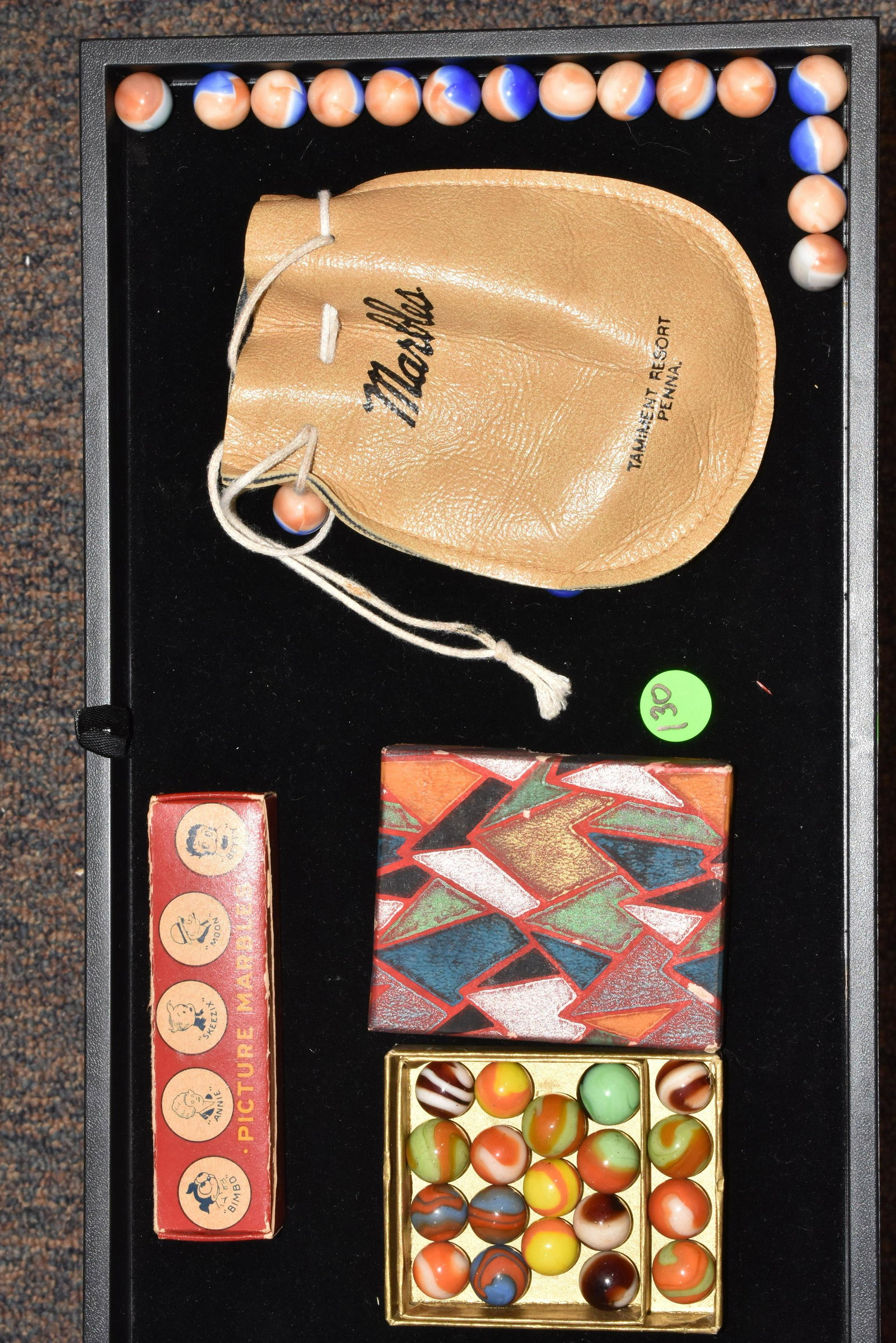 Vintage Peltier Cartoon Marble Set and others: Includes a six piece cartoon marble set #5 by Peltier Glass Co. with "Bimbo the Dog", "Smitty", "Koko", and others (the box is designed for 5 marbles but there are 6 inside, so 1 is bonus - see photo)