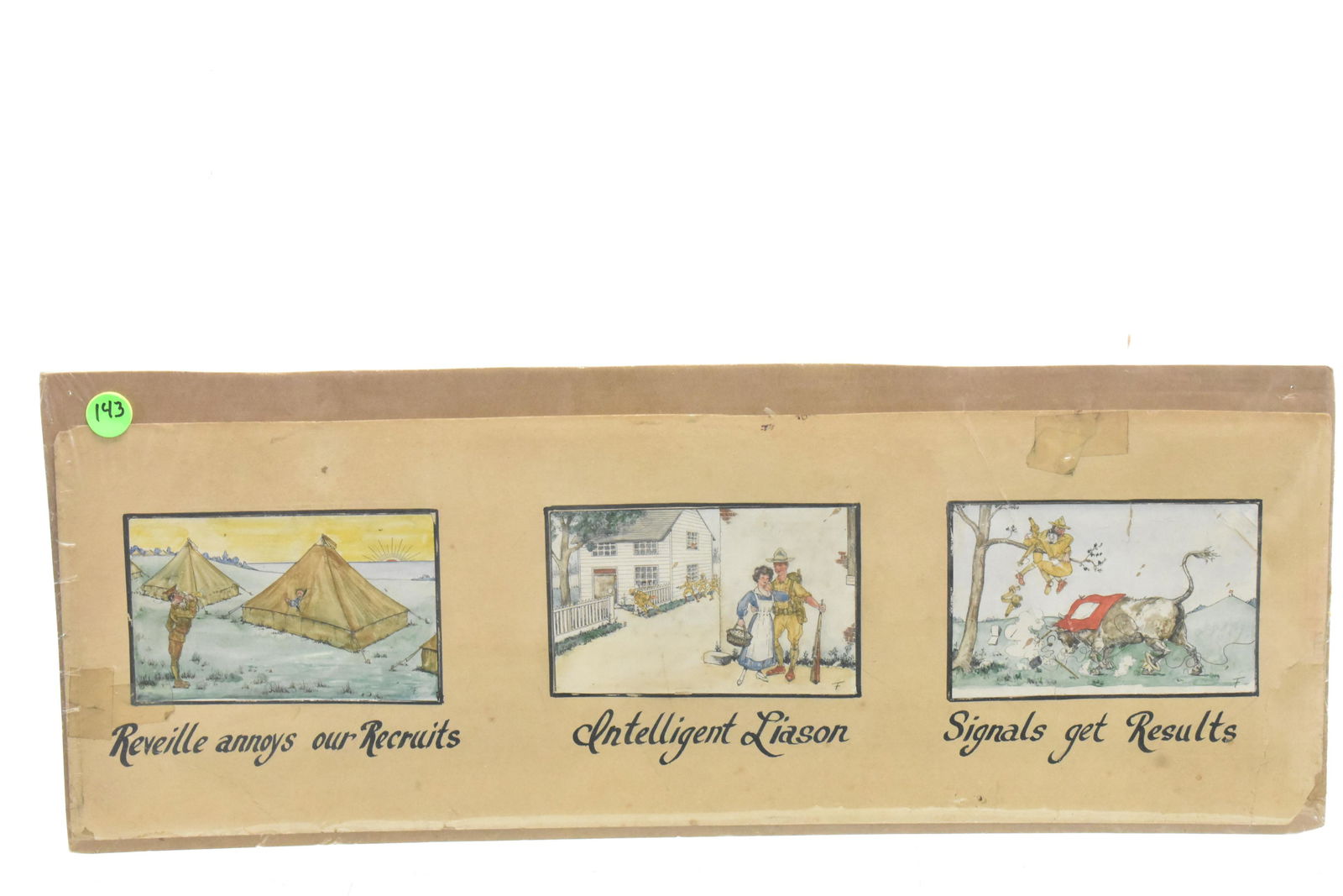 Vintage Hand Painted Military Art: Measures approx. 7 1/2"h x 22"w. There are three hand painted military cartoons each the size of a postcard. Each is titled and hand initialed "F".