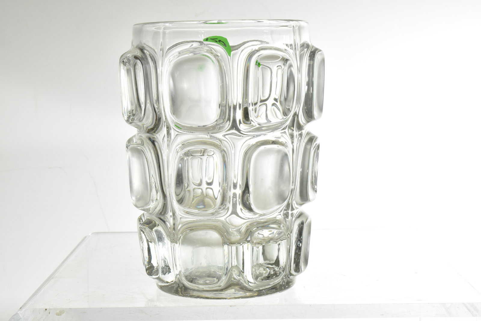 Frantisek Vizner Art Glass Vase 1962: Measures approx. 7"h. It has a clear and frosted geometric raised design, is free of chips and cracks and was produced by "Vizner".