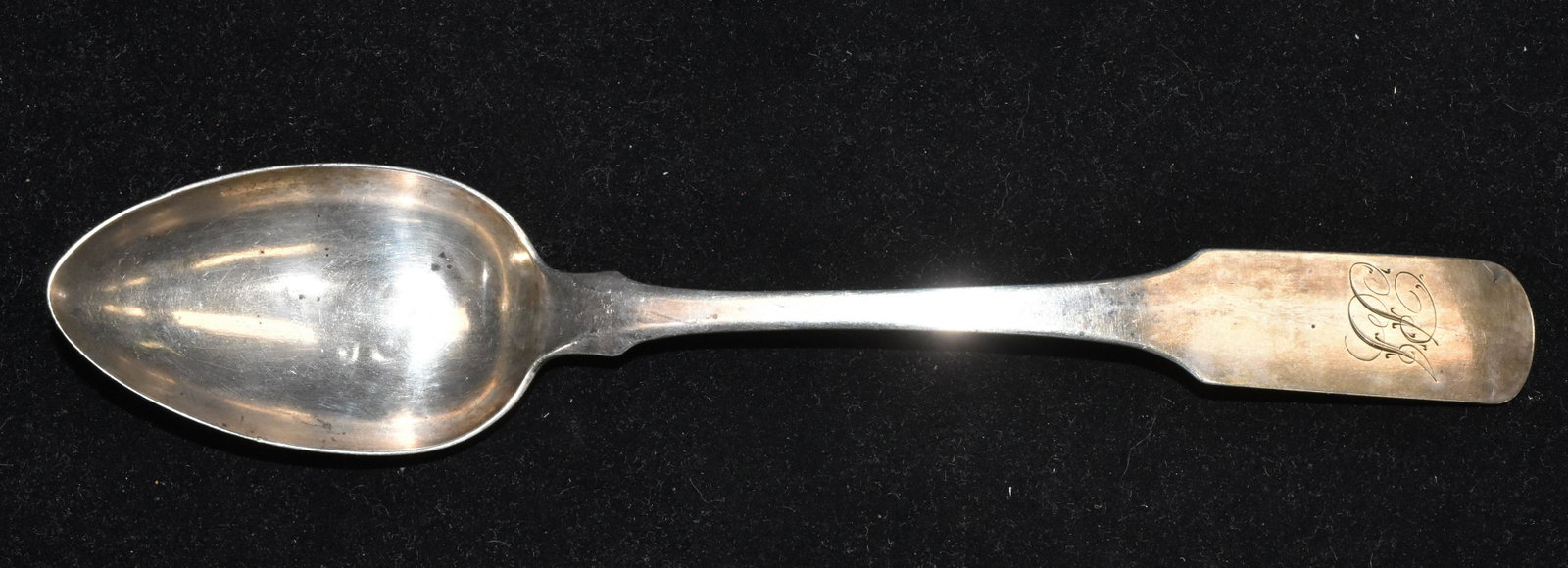 Large Rare P. Garrett Coin Silver Spoon: Spoon measures approx. 10" in length. It is impressed "P. Garrett" on back. It has a monogrammed fiddle handle and apparently has never been machine polished. Was produced by listed Philadelphia silve