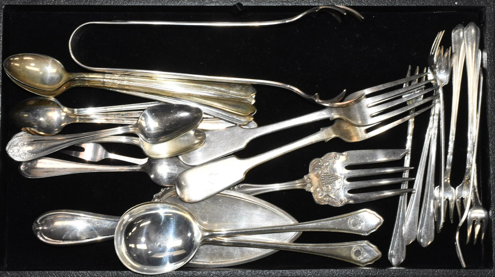 Hotel and other Flat Ware: Including a pair of R Wallace triple plate forks from The Hotel Washington measuring approx. 8 1/2" in length, a pair of silver plate serving spoons by "Mappin & Webb" from the cruise ship "Good News