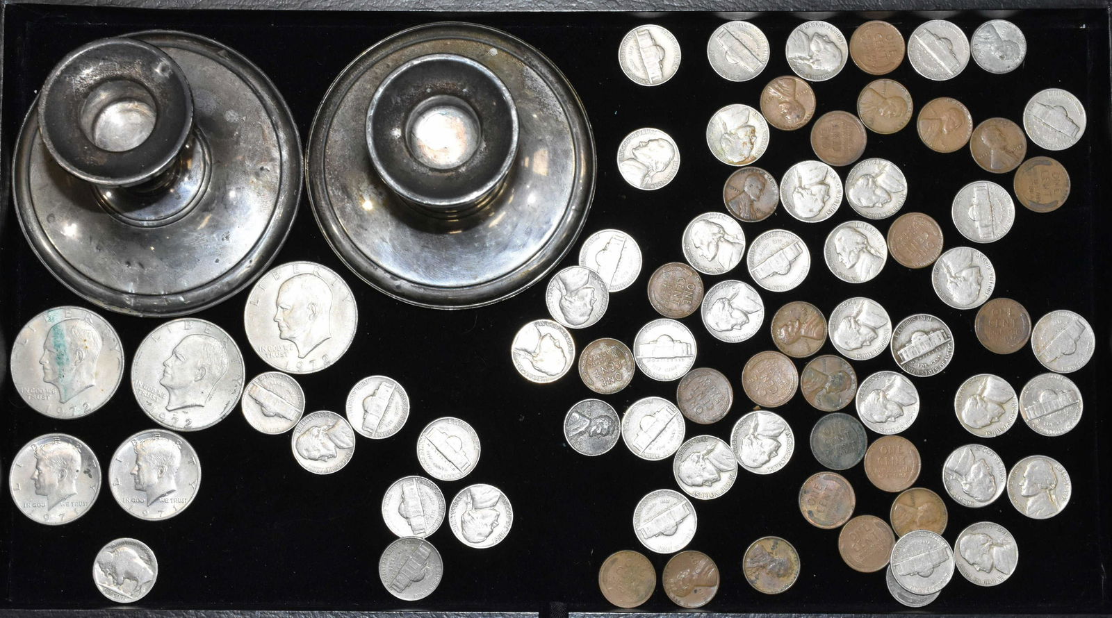 Sterling Weighted Candlesticks & US Coinage: Pair of 3 1/2"h candlesticks, three 1972 Ike dollars, two 1971 Kennedy halves, forty nickels from the 1940's/ 1950's and twenty five wheat pennies - one is steel.