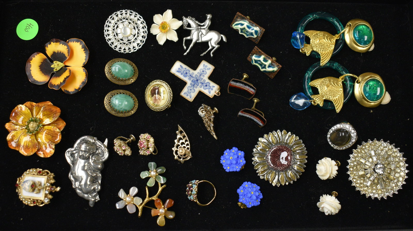 Vintage Jewelry Grouping: includes Les Bernard drop earrings, pewter cherub, Victorian style, and more.