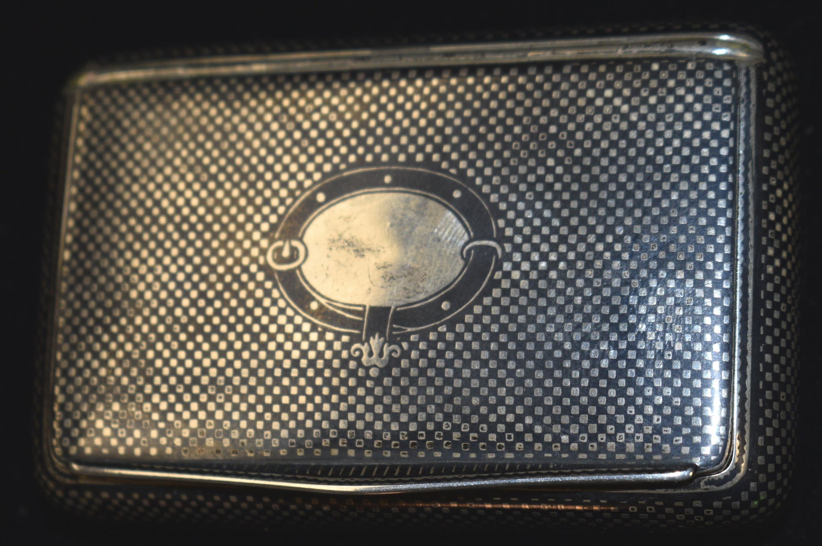 19th C Austrian Sterling Niello Box: Sterling enamel Niello checker print with buckle design on front with 19th C hallmarks box.
