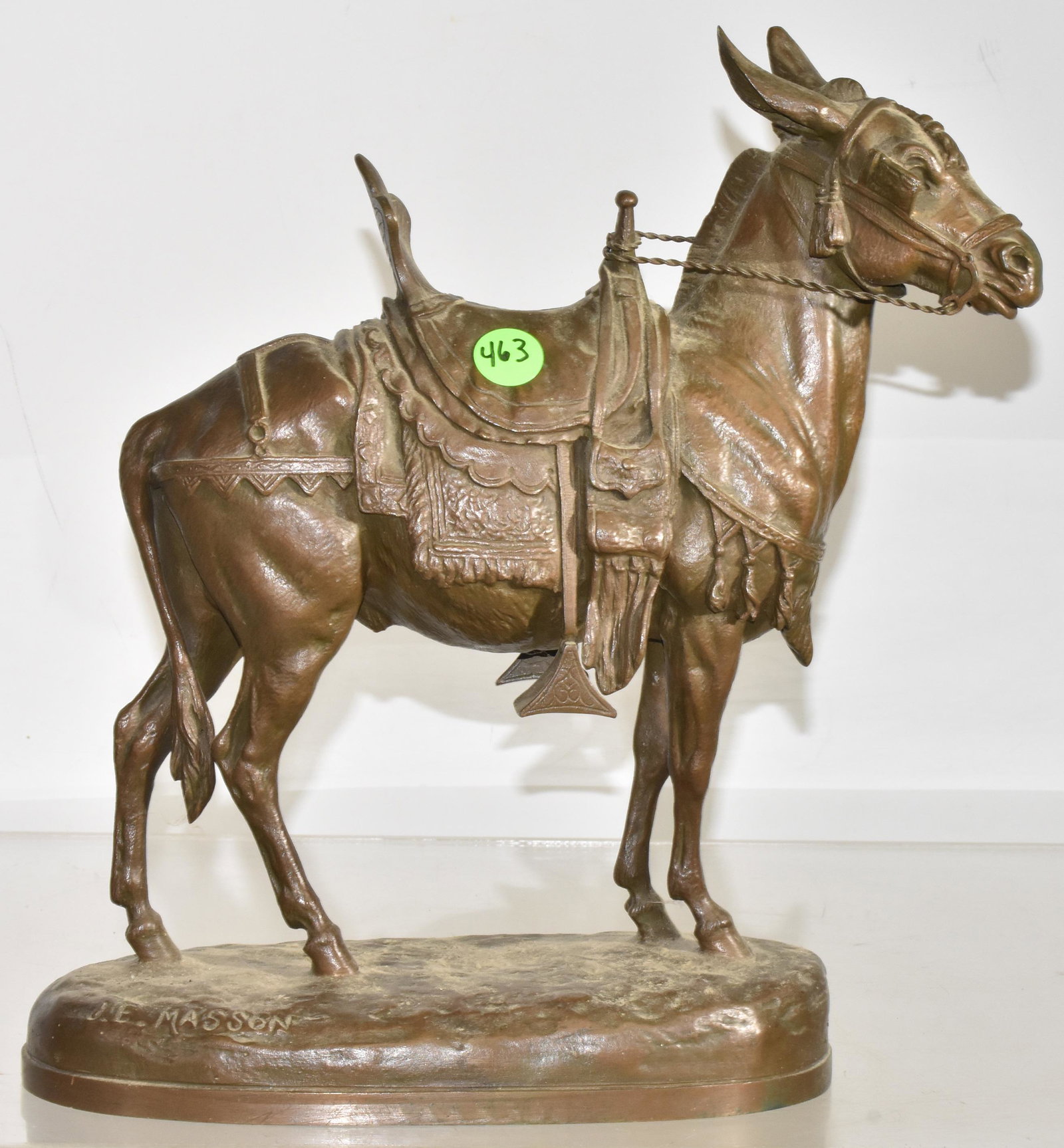 Bronze Mule Sculpture Signed "J.E. Masson": Measures approx. 12"h x 9" in length. It depicts a mule with a saddle and is signed lower left.