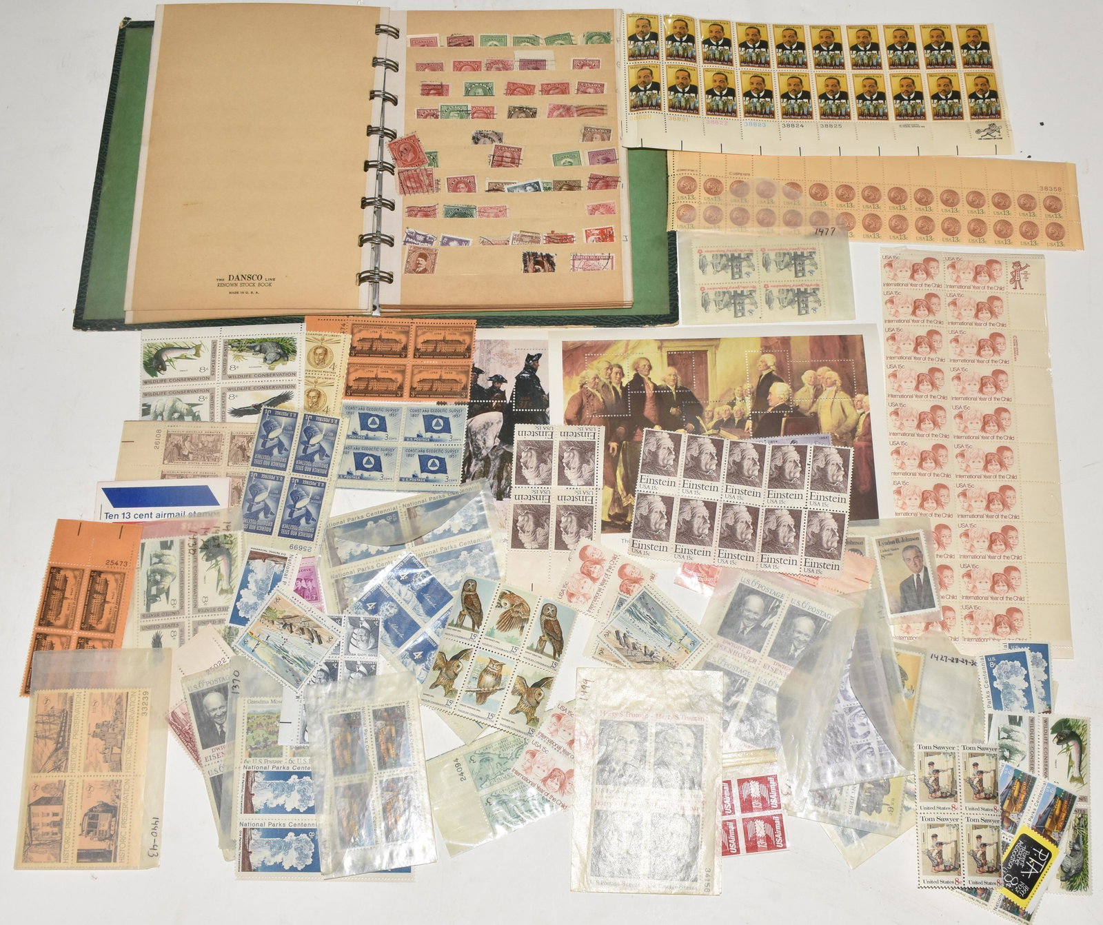 Collection of Vintage US and other Postage Stamps: Stamps range from 2 cent Canadian, 1 to 25 cent European, Mexico, Netherlands, Revolutionary War Bicentennial stamps, various sheets of US stamps including MLK 15 cent, Champion of Liberty 4 cent, LBJ