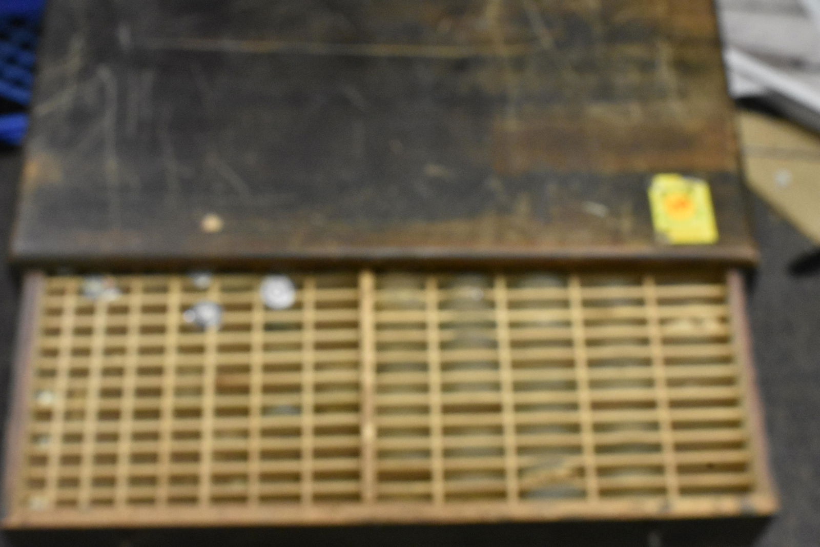 Vintage Wooden Watch Glass Case: Item measures approx. 4"h x 20"w x 11 1/2"d. Brass tags reads "V.T.F Round Watch Glasses". Case is partially full.