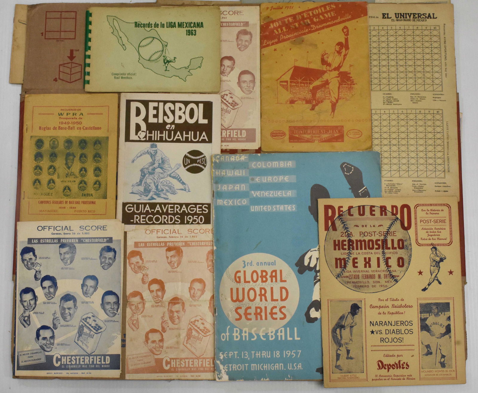 Mexican and International Programs and Score Cards: Includes Global World Series 1957, French Canadian All Star Game 1951, and Mexican 1956 programs. Four Spanish League score cards ( three feature Chesterfield Ad on front with MLB players 1952), and t